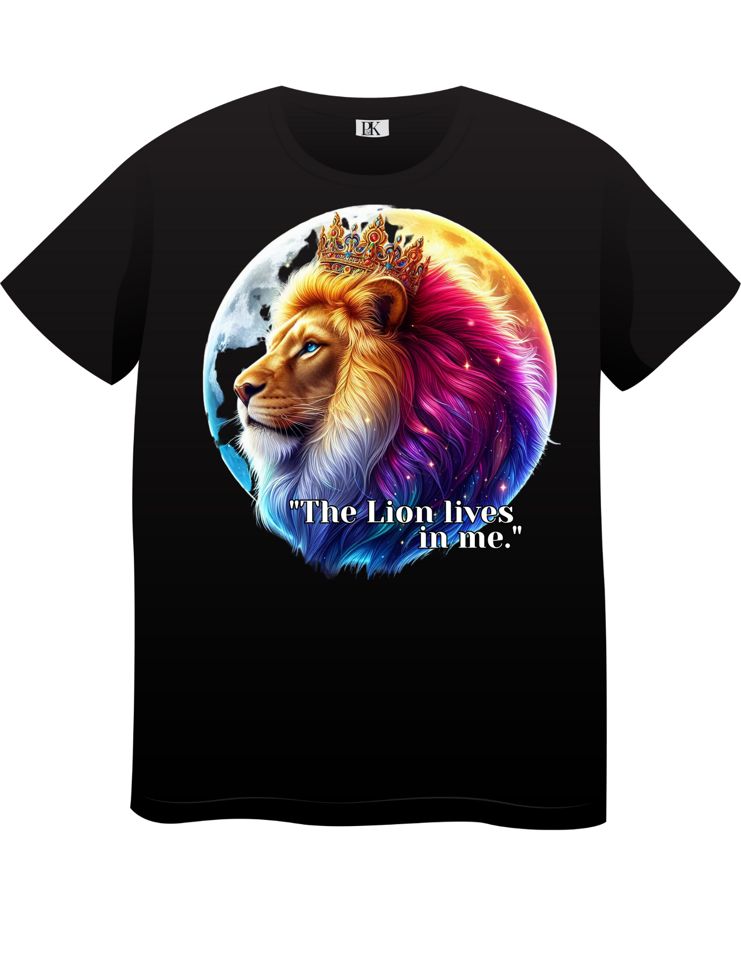 The Lion Lives in Me – Colorful Crowned Lion T-Shirt with Celestial Moon | Personalized Christian Apparel
