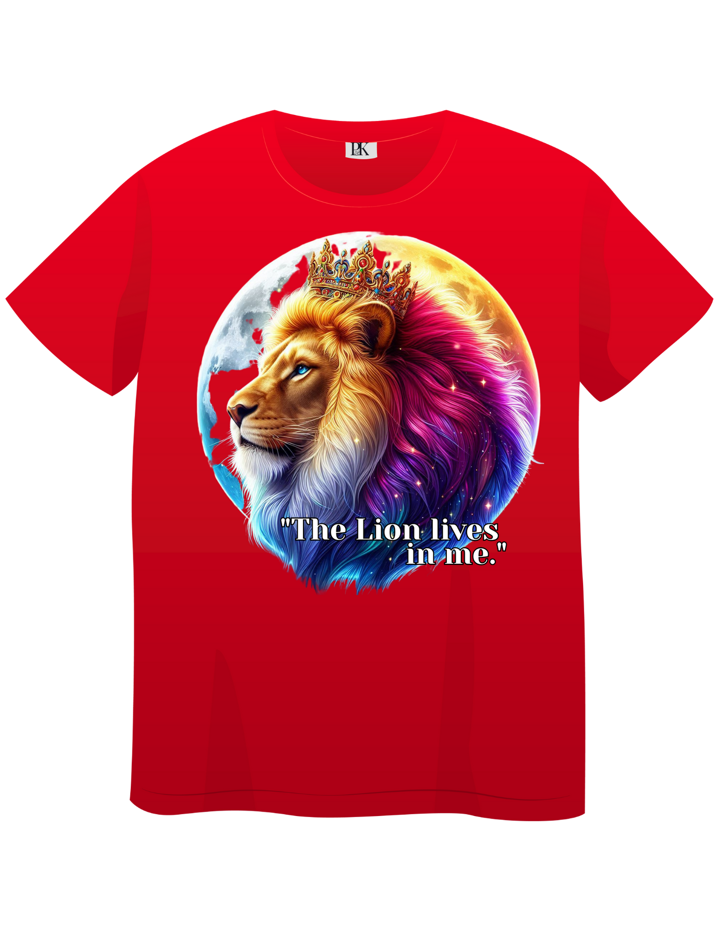 The Lion Lives in Me – Colorful Crowned Lion T-Shirt with Celestial Moon | Personalized Christian Apparel