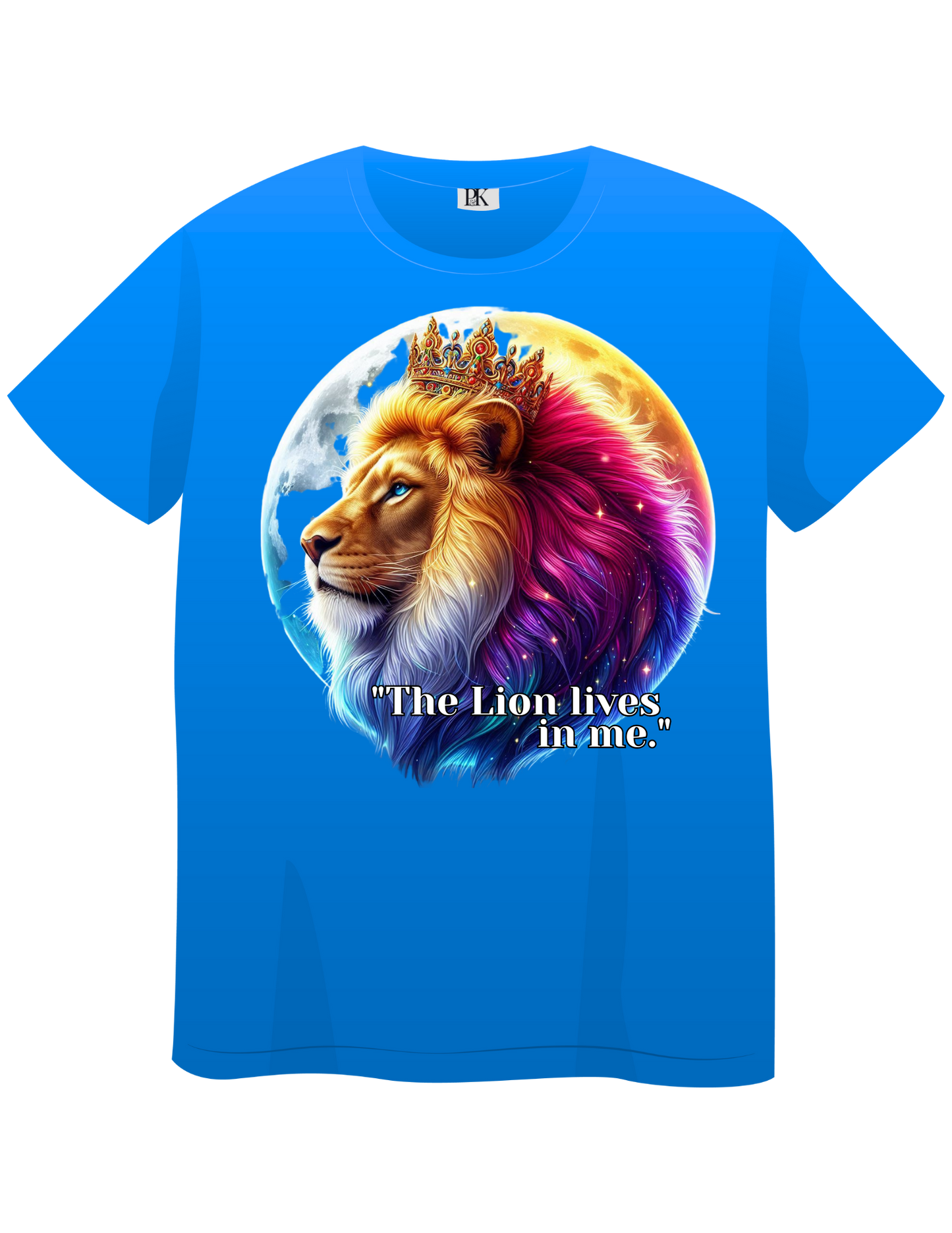 The Lion Lives in Me – Colorful Crowned Lion T-Shirt with Celestial Moon | Personalized Christian Apparel