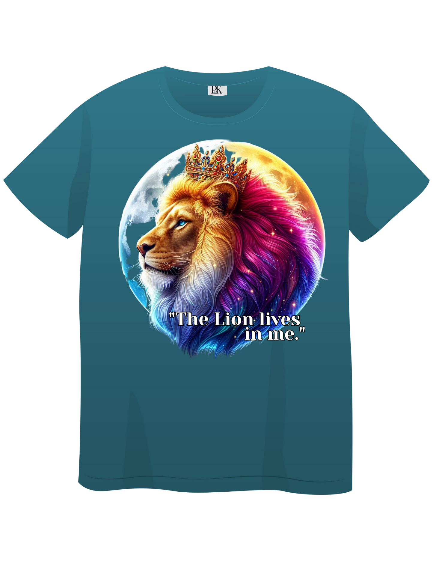 The Lion Lives in Me – Colorful Crowned Lion T-Shirt with Celestial Moon | Personalized Christian Apparel