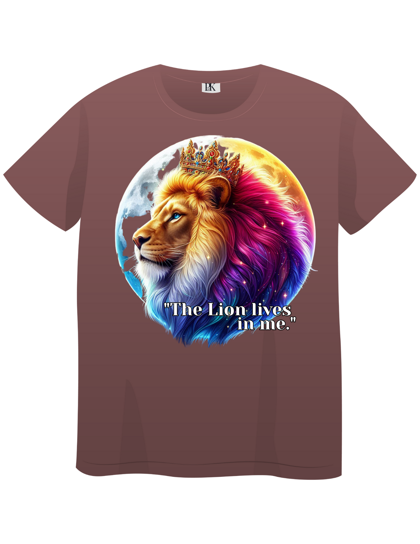 The Lion Lives in Me – Colorful Crowned Lion T-Shirt with Celestial Moon | Personalized Christian Apparel