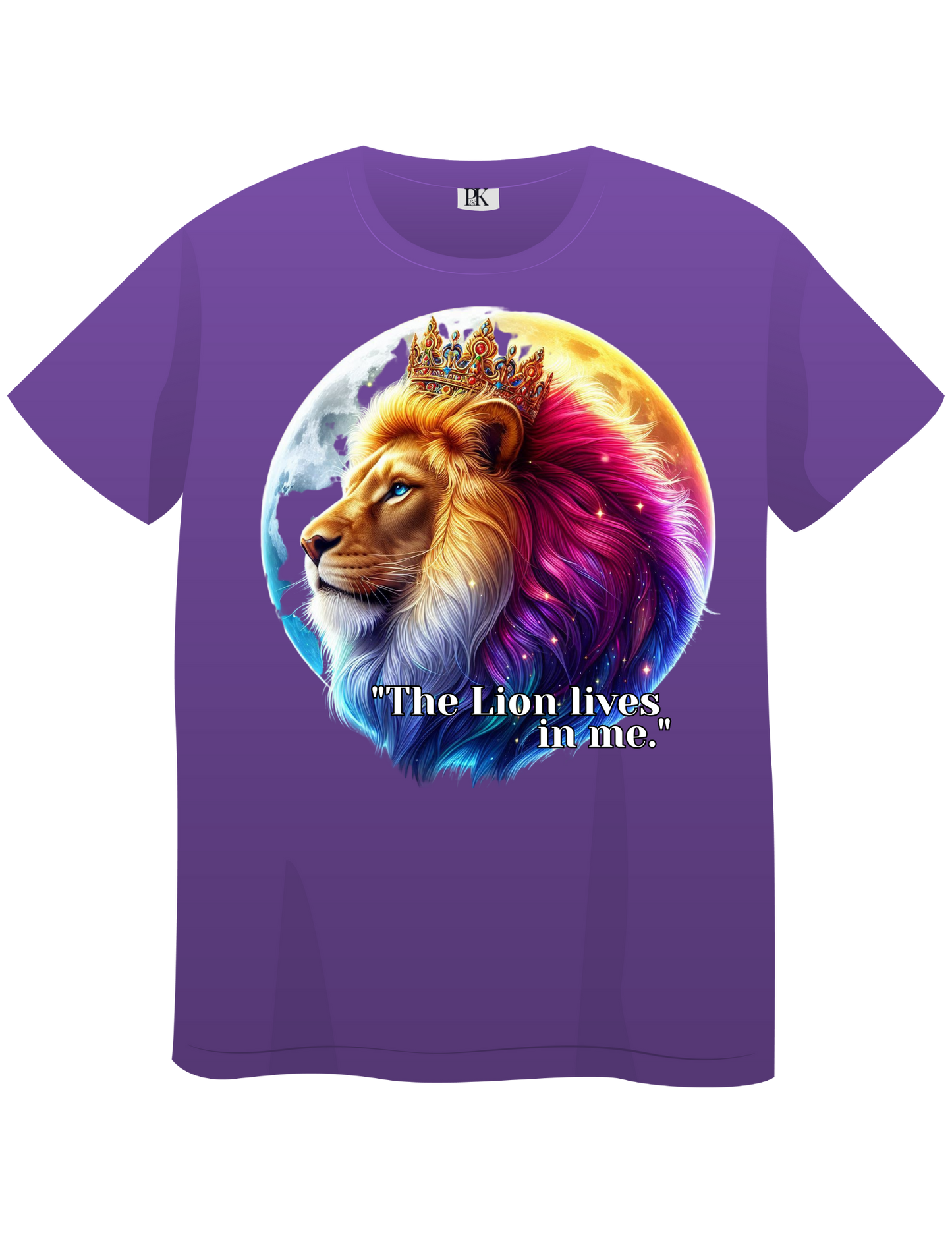 The Lion Lives in Me – Colorful Crowned Lion T-Shirt with Celestial Moon | Personalized Christian Apparel