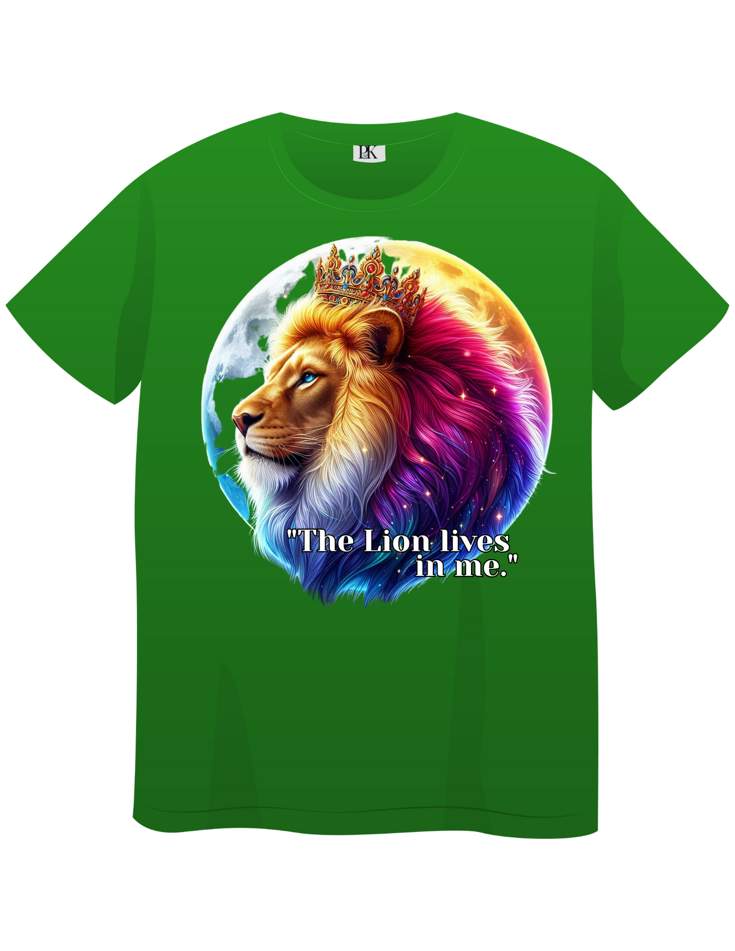 The Lion Lives in Me – Colorful Crowned Lion T-Shirt with Celestial Moon | Personalized Christian Apparel
