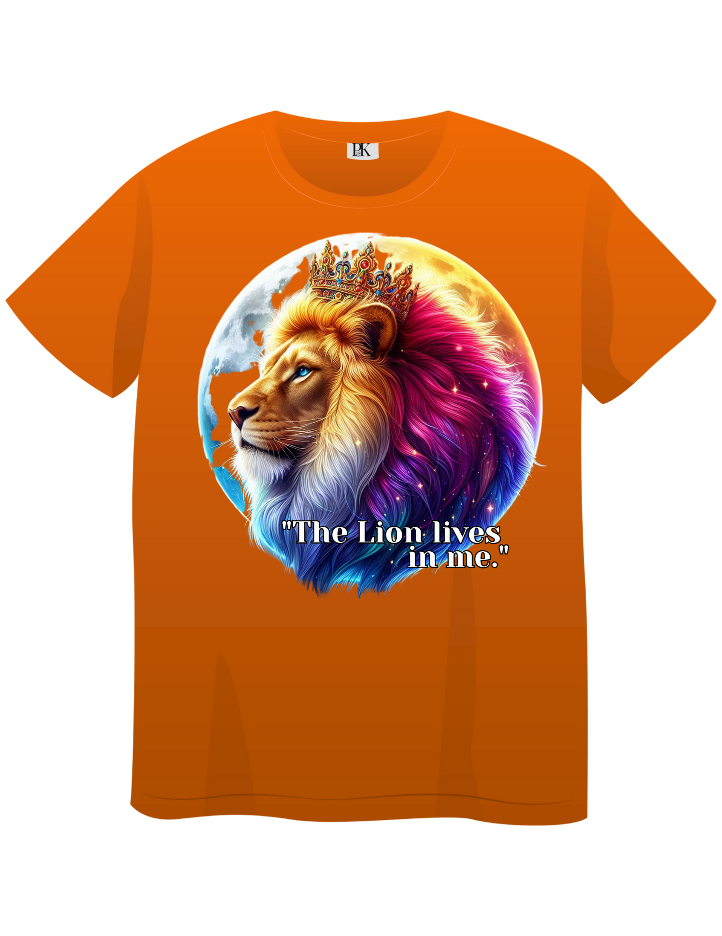 The Lion Lives in Me – Colorful Crowned Lion T-Shirt with Celestial Moon | Personalized Christian Apparel