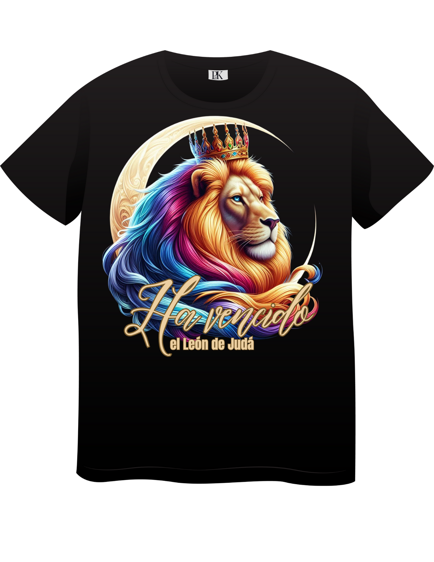 The Lion of Judah Has Triumphed – Colorful Crowned Lion with Moon | Christian T-Shirt with Verse in Spanish