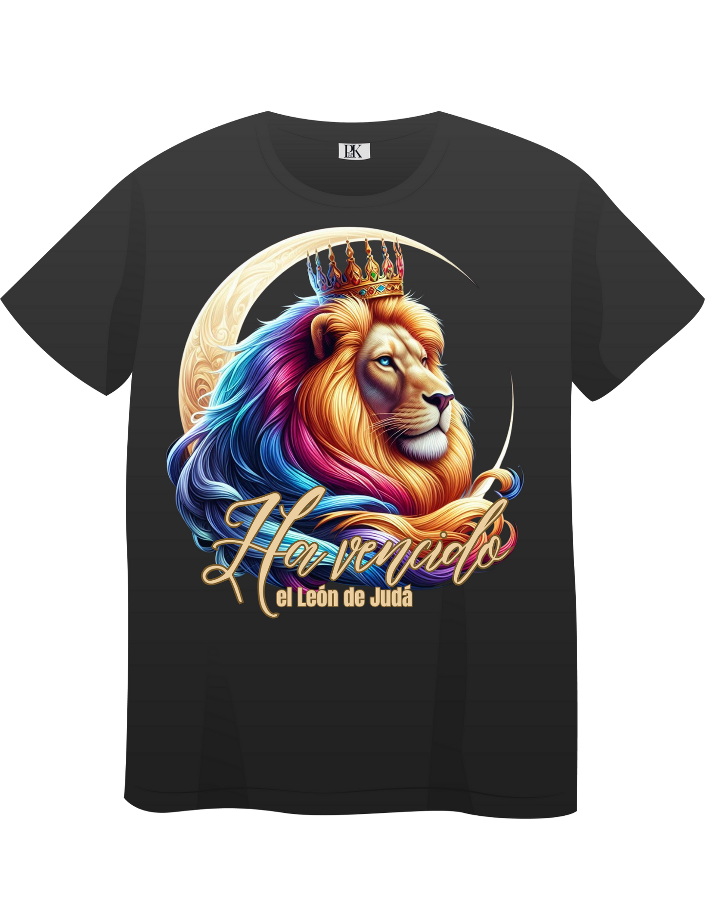 The Lion of Judah Has Triumphed – Colorful Crowned Lion with Moon | Christian T-Shirt with Verse in Spanish