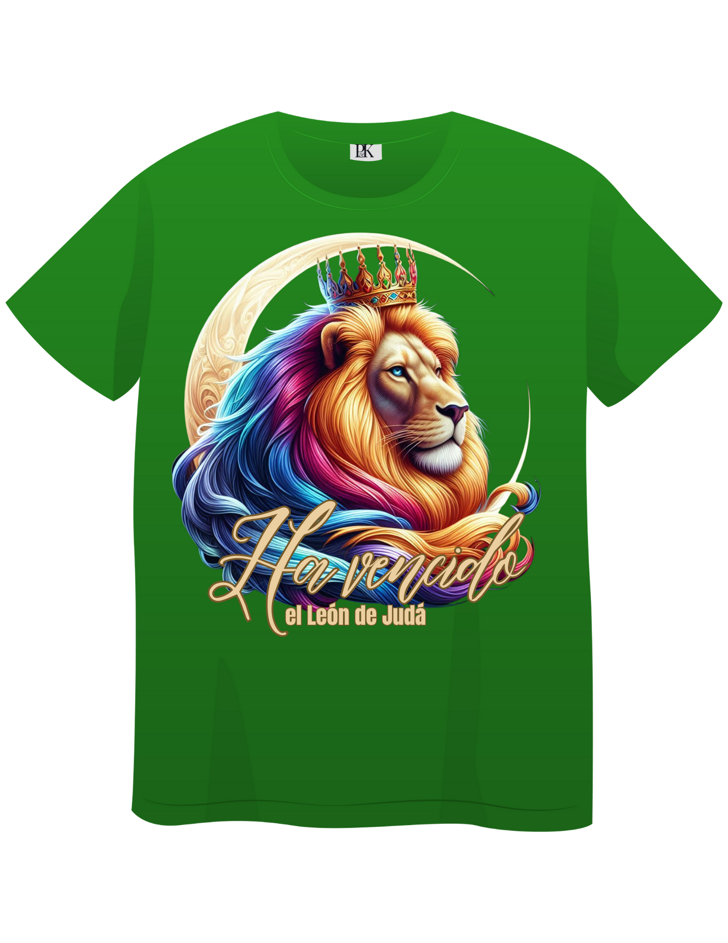 The Lion of Judah Has Triumphed – Colorful Crowned Lion with Moon | Christian T-Shirt with Verse in Spanish