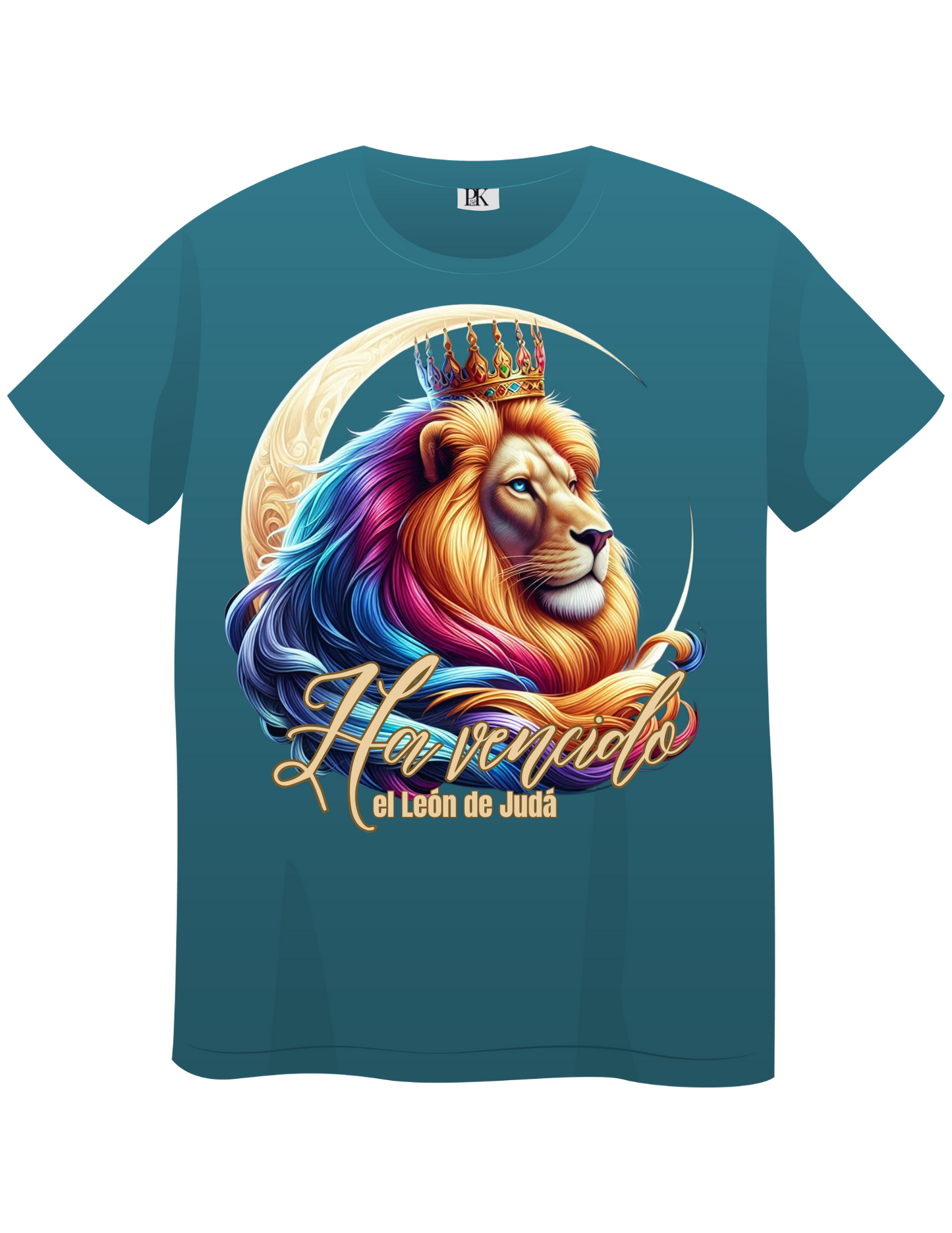 The Lion of Judah Has Triumphed – Colorful Crowned Lion with Moon | Christian T-Shirt with Verse in Spanish