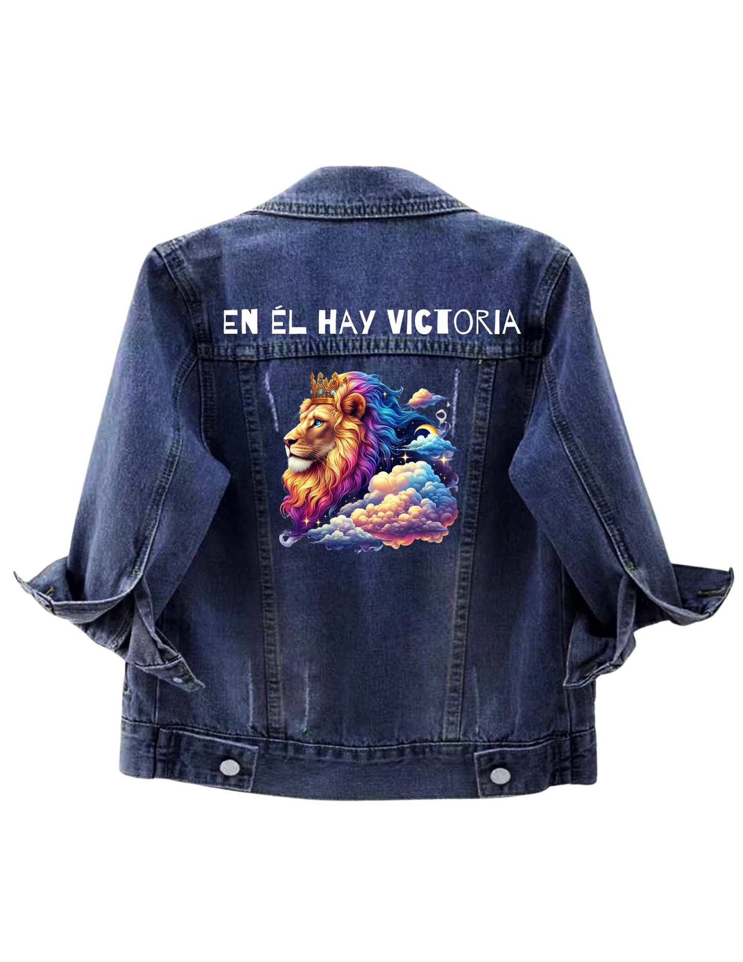 Majestic Lion Christian Denim Jacket – Golden Crown, Colorful Clouds, Inspirational Victory Quote in Spanish, Personalized Back Design