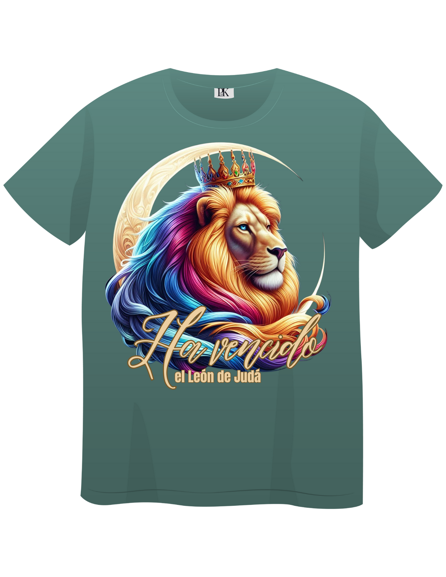 The Lion of Judah Has Triumphed – Colorful Crowned Lion with Moon | Christian T-Shirt with Verse in Spanish