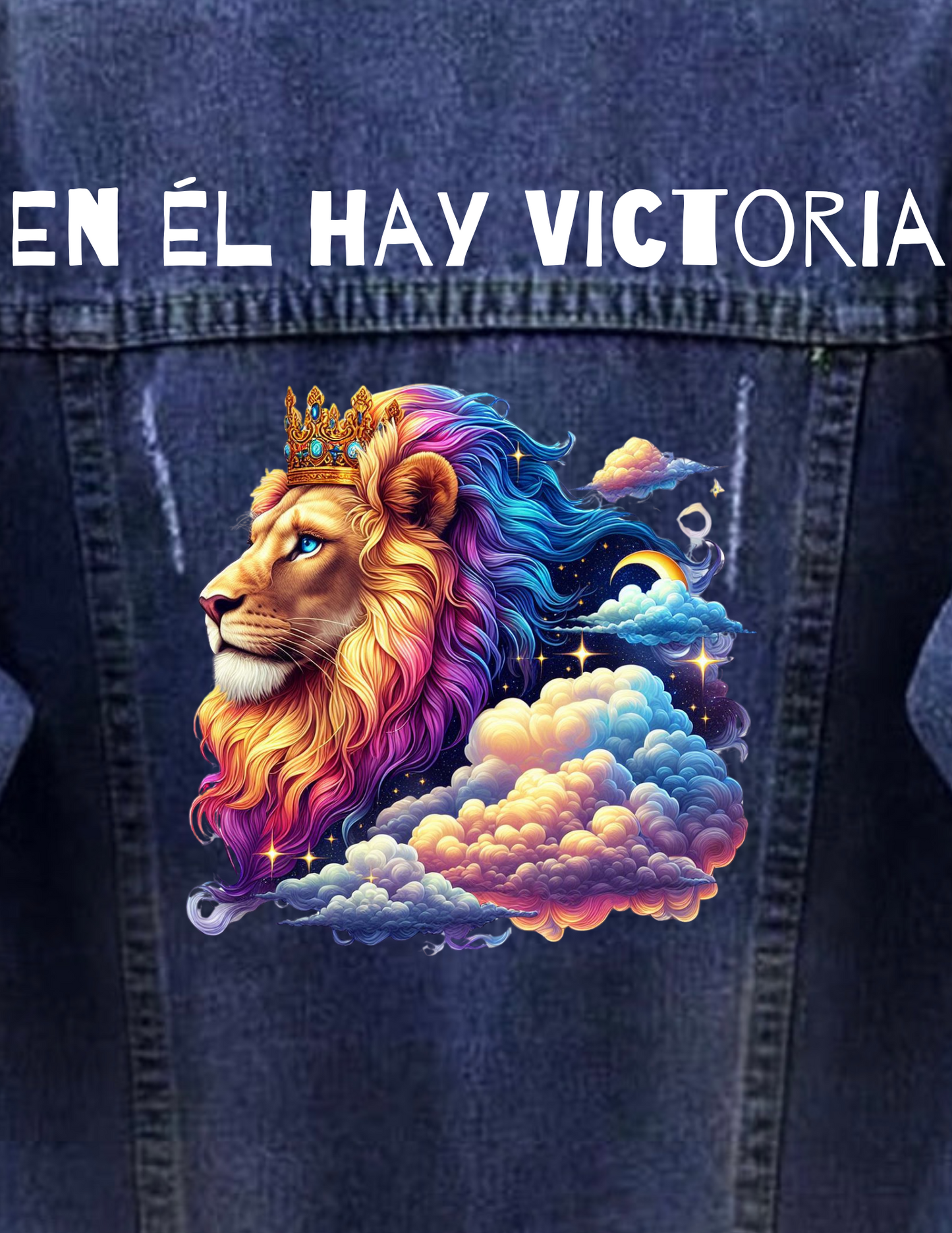 Majestic Lion Christian Denim Jacket – Golden Crown, Colorful Clouds, Inspirational Victory Quote in Spanish, Personalized Back Design