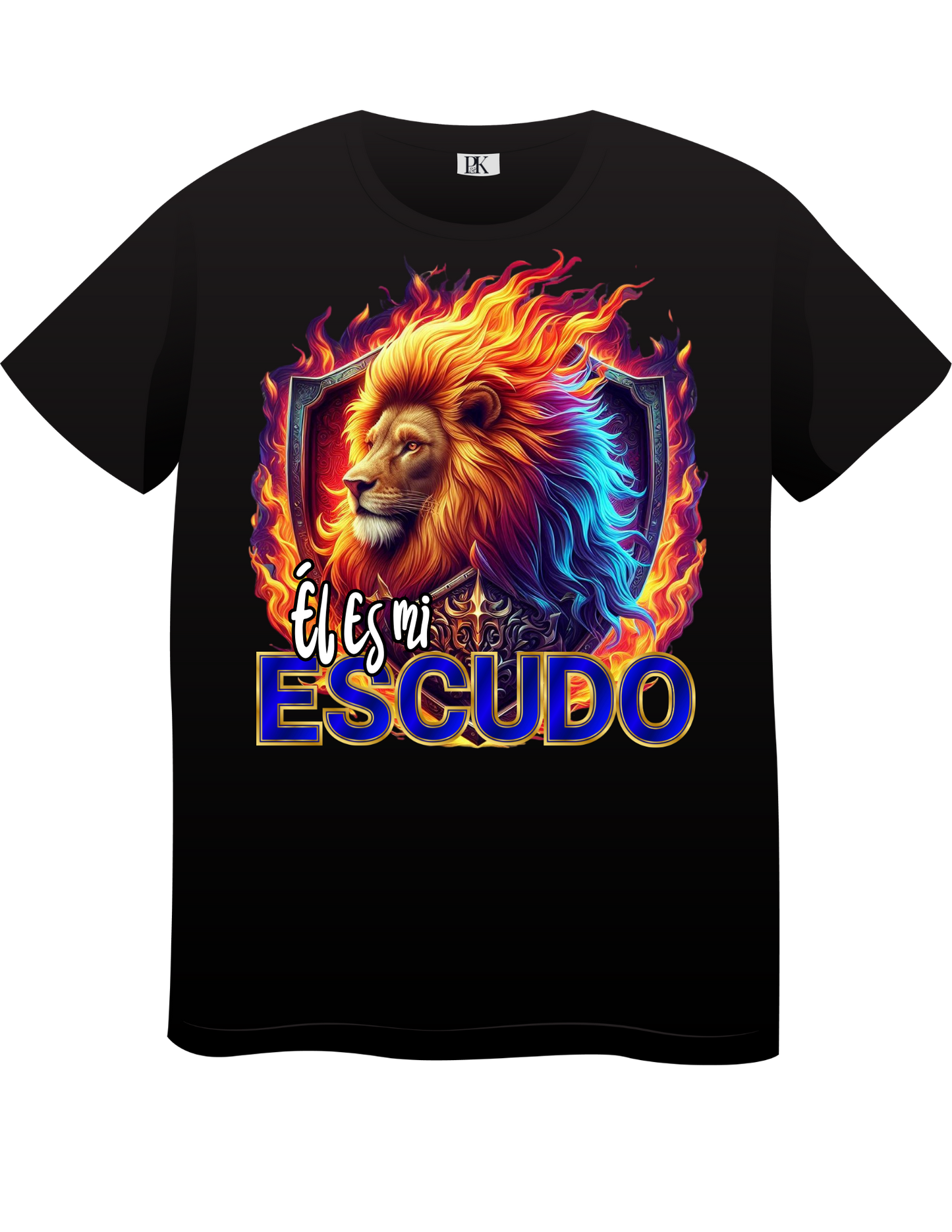 Lion with Fire and Shield – Christian T-Shirt with Spanish Text “Él es mi escudo” | Faith & Protection Design
