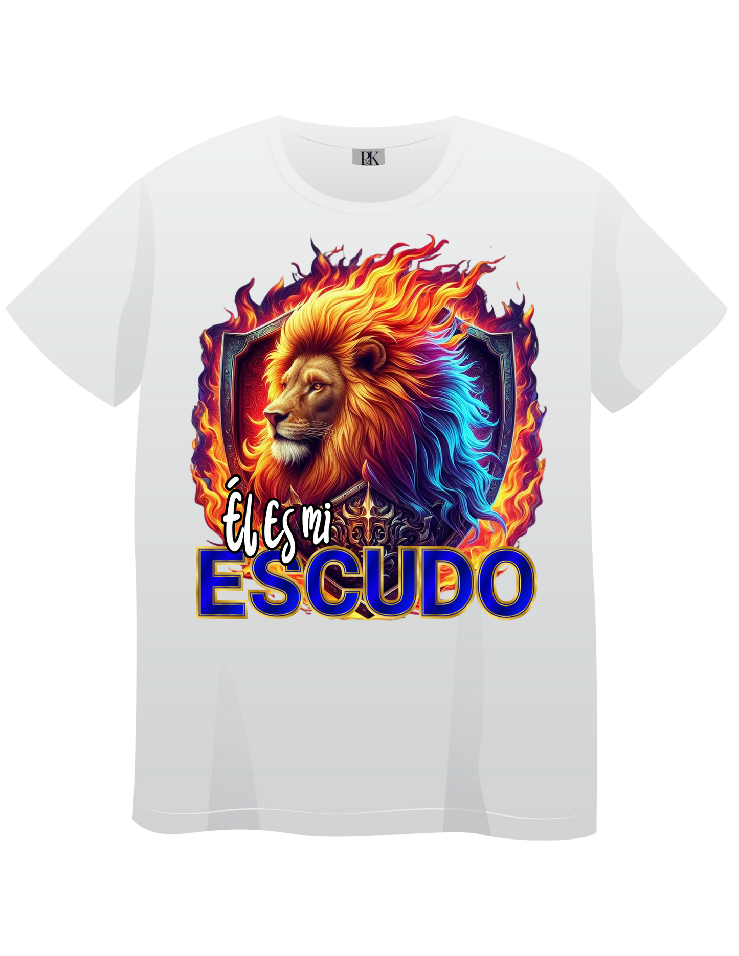 Lion with Fire and Shield – Christian T-Shirt with Spanish Text “Él es mi escudo” | Faith & Protection Design