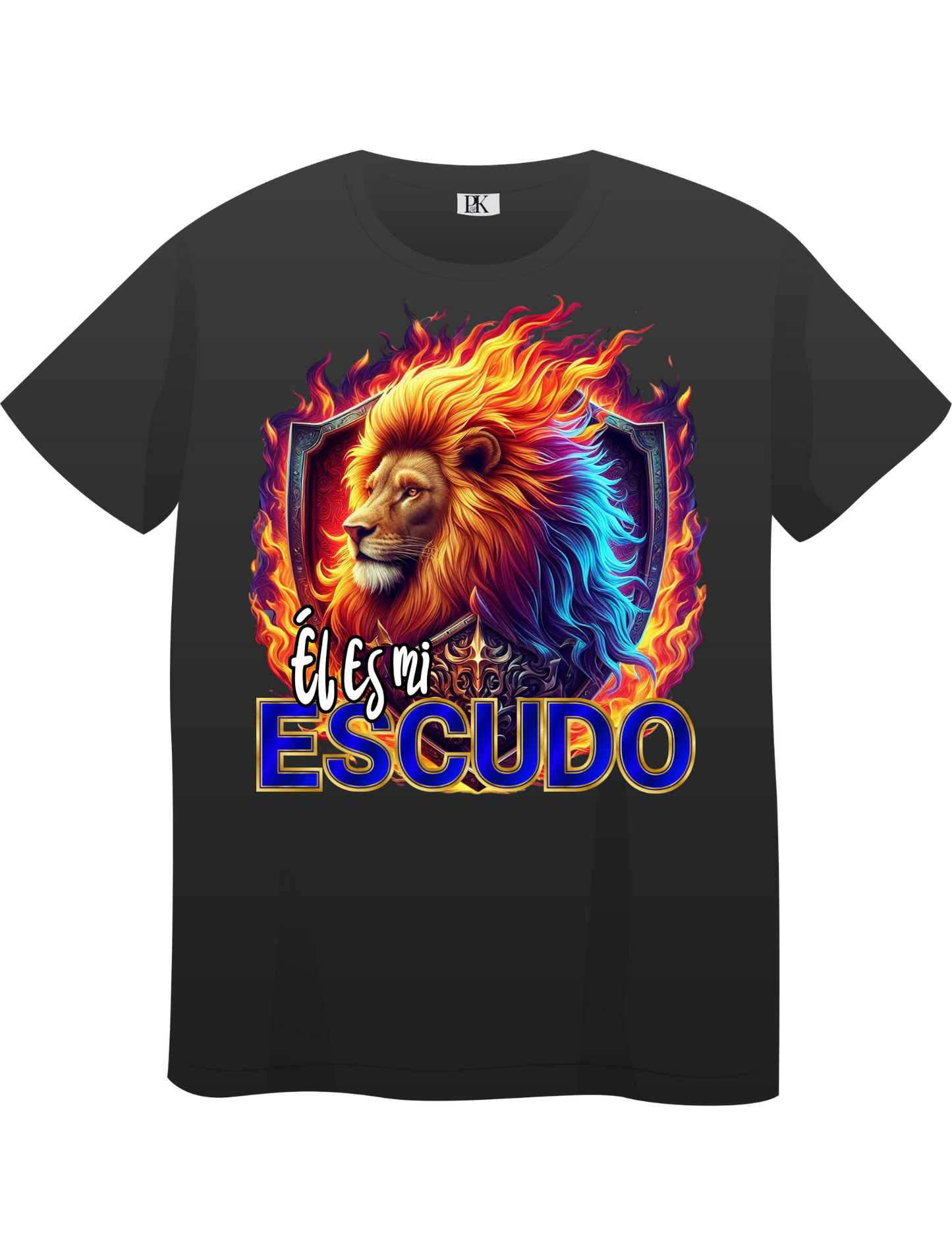 Lion with Fire and Shield – Christian T-Shirt with Spanish Text “Él es mi escudo” | Faith & Protection Design