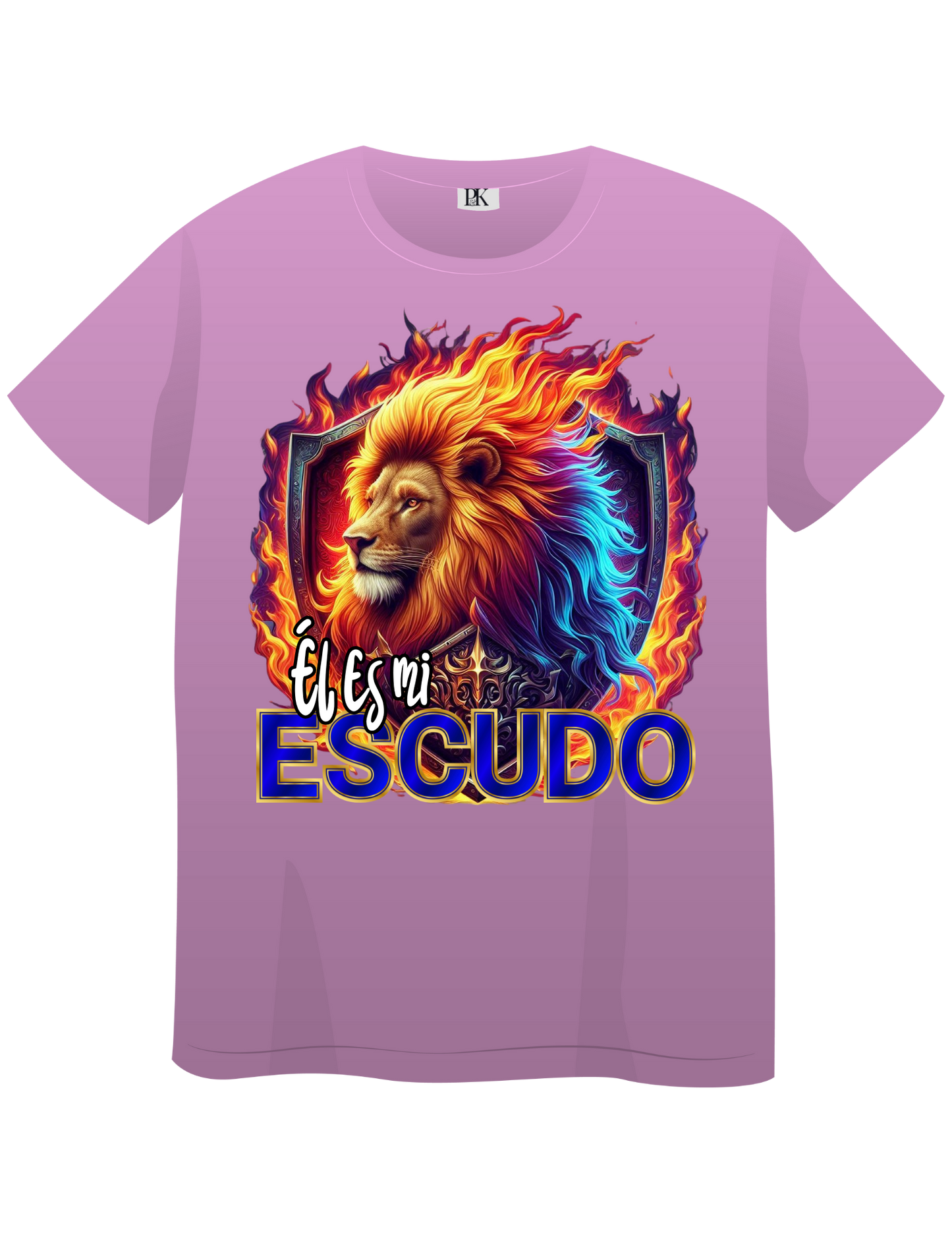 Lion with Fire and Shield – Christian T-Shirt with Spanish Text “Él es mi escudo” | Faith & Protection Design