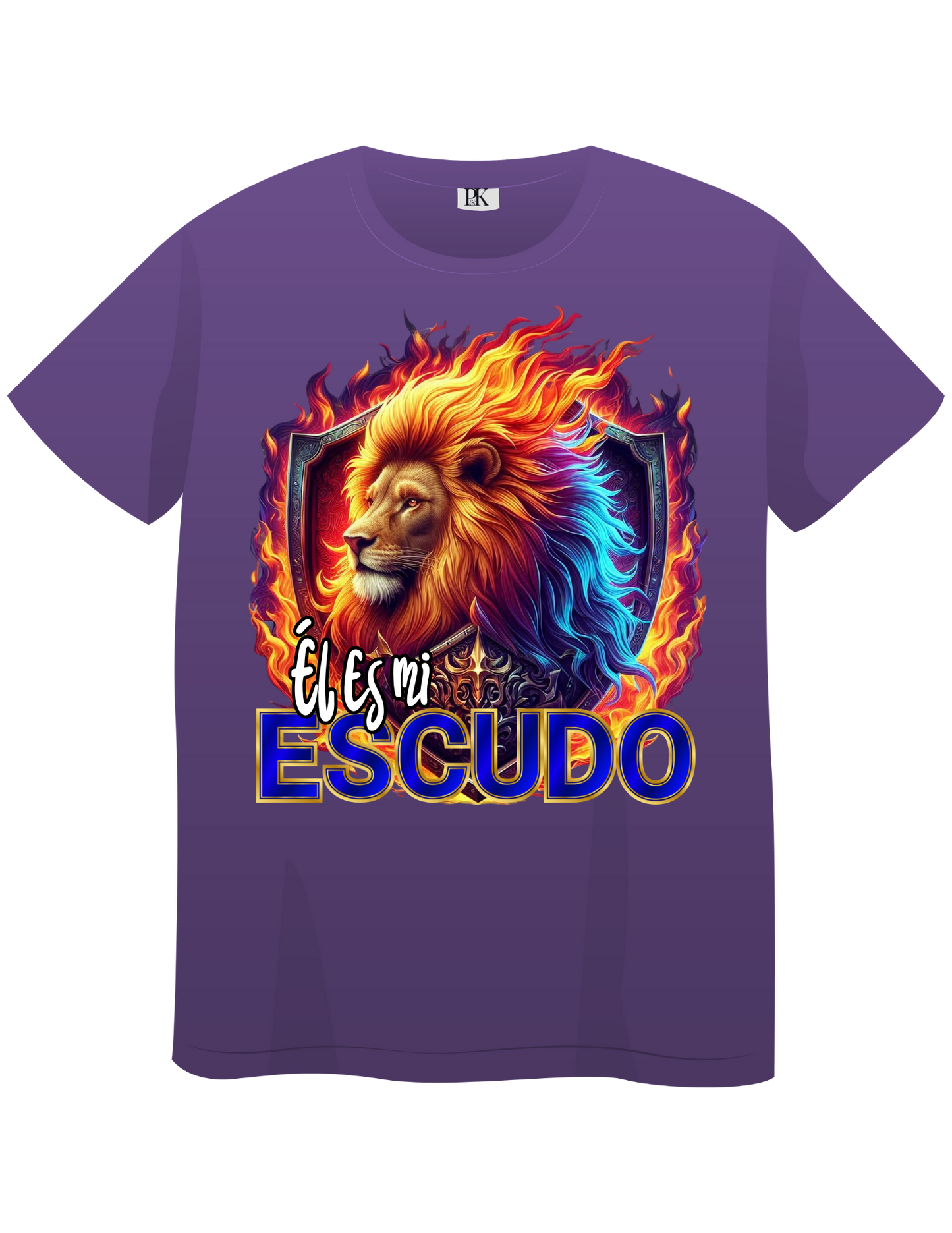 Lion with Fire and Shield – Christian T-Shirt with Spanish Text “Él es mi escudo” | Faith & Protection Design