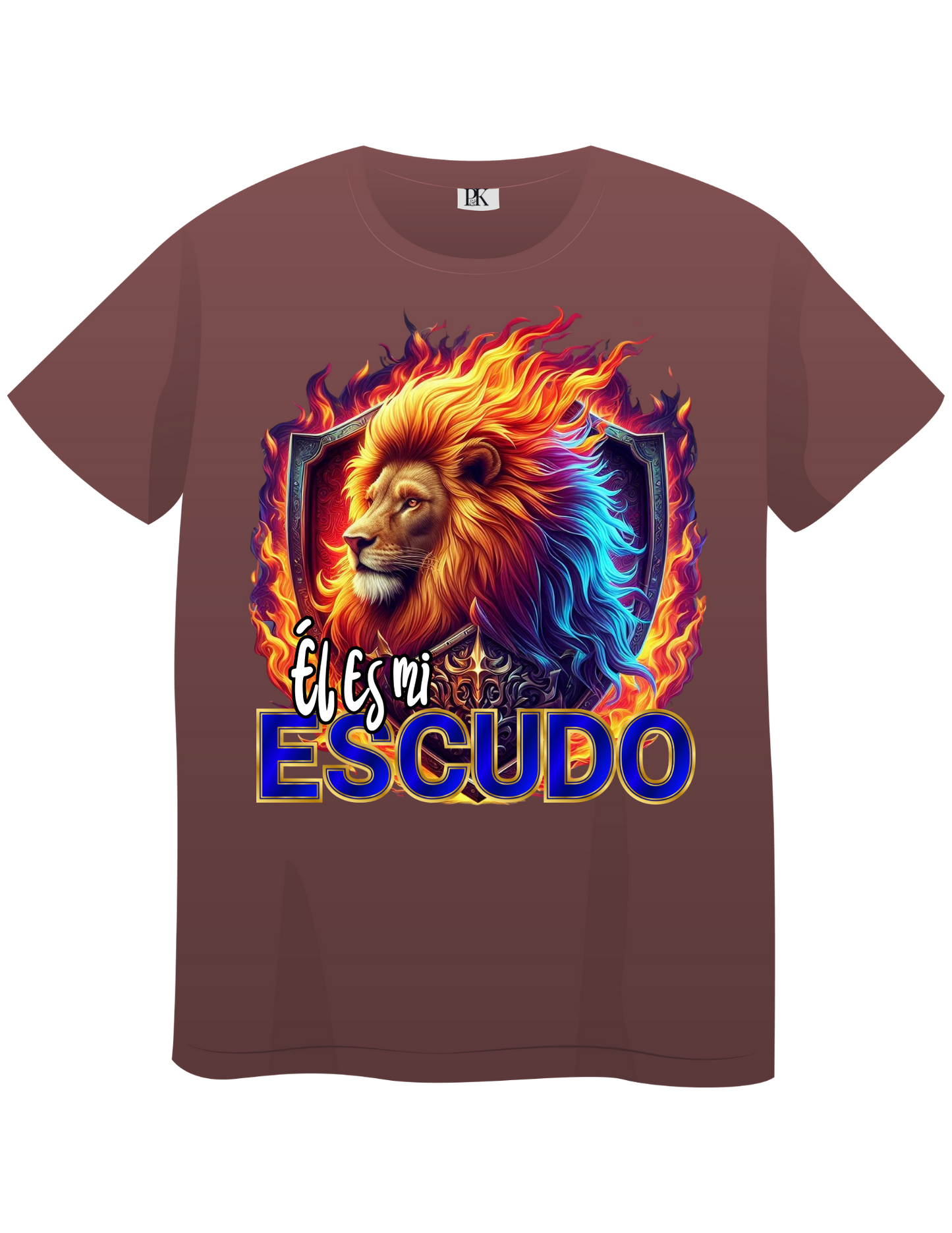 Lion with Fire and Shield – Christian T-Shirt with Spanish Text “Él es mi escudo” | Faith & Protection Design