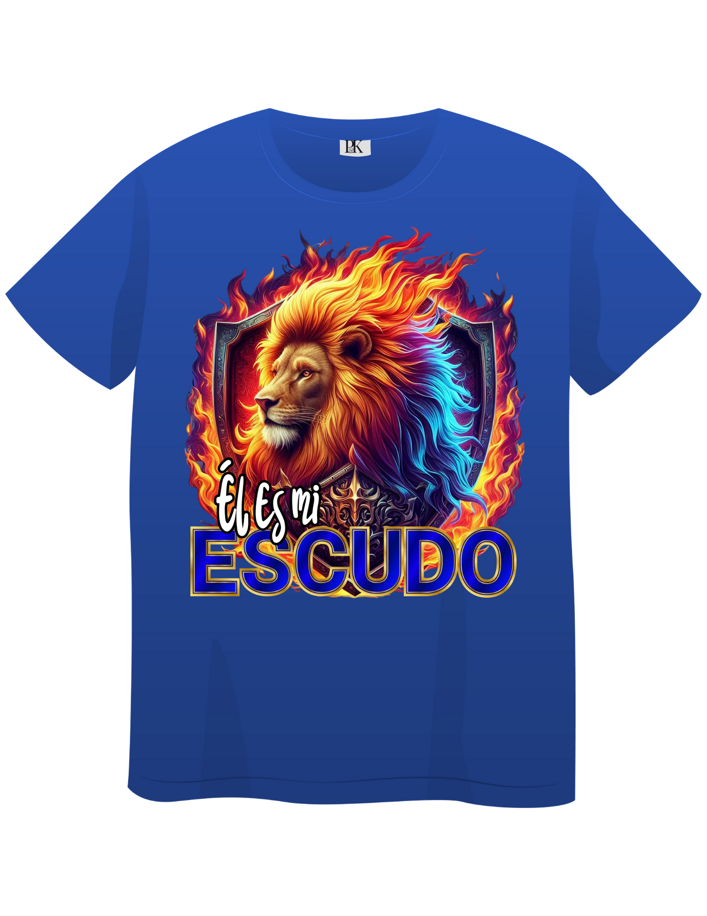 Lion with Fire and Shield – Christian T-Shirt with Spanish Text “Él es mi escudo” | Faith & Protection Design
