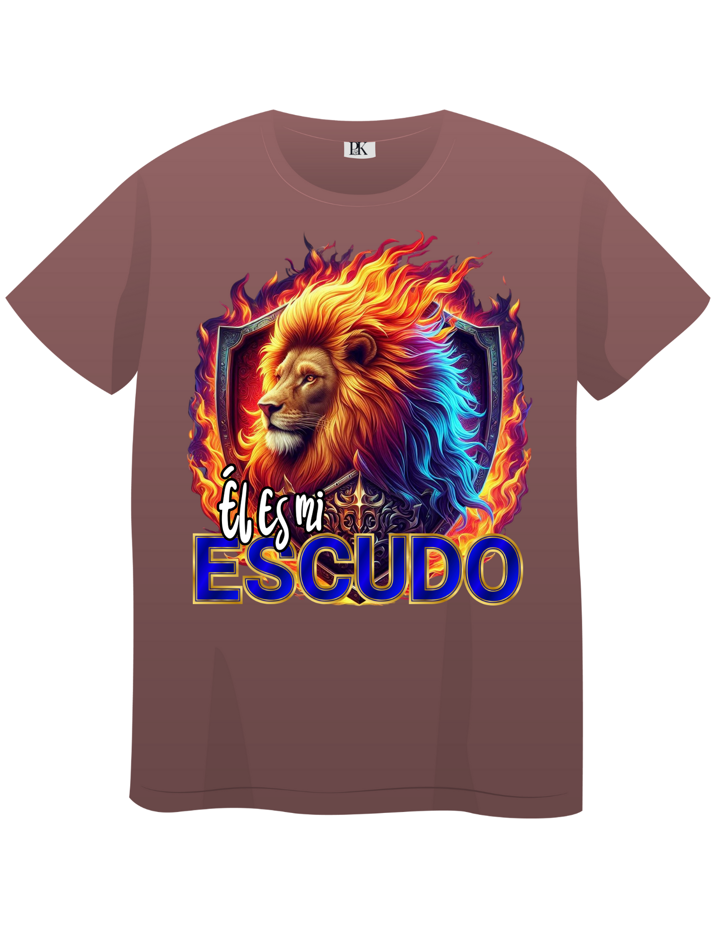 Lion with Fire and Shield – Christian T-Shirt with Spanish Text “Él es mi escudo” | Faith & Protection Design