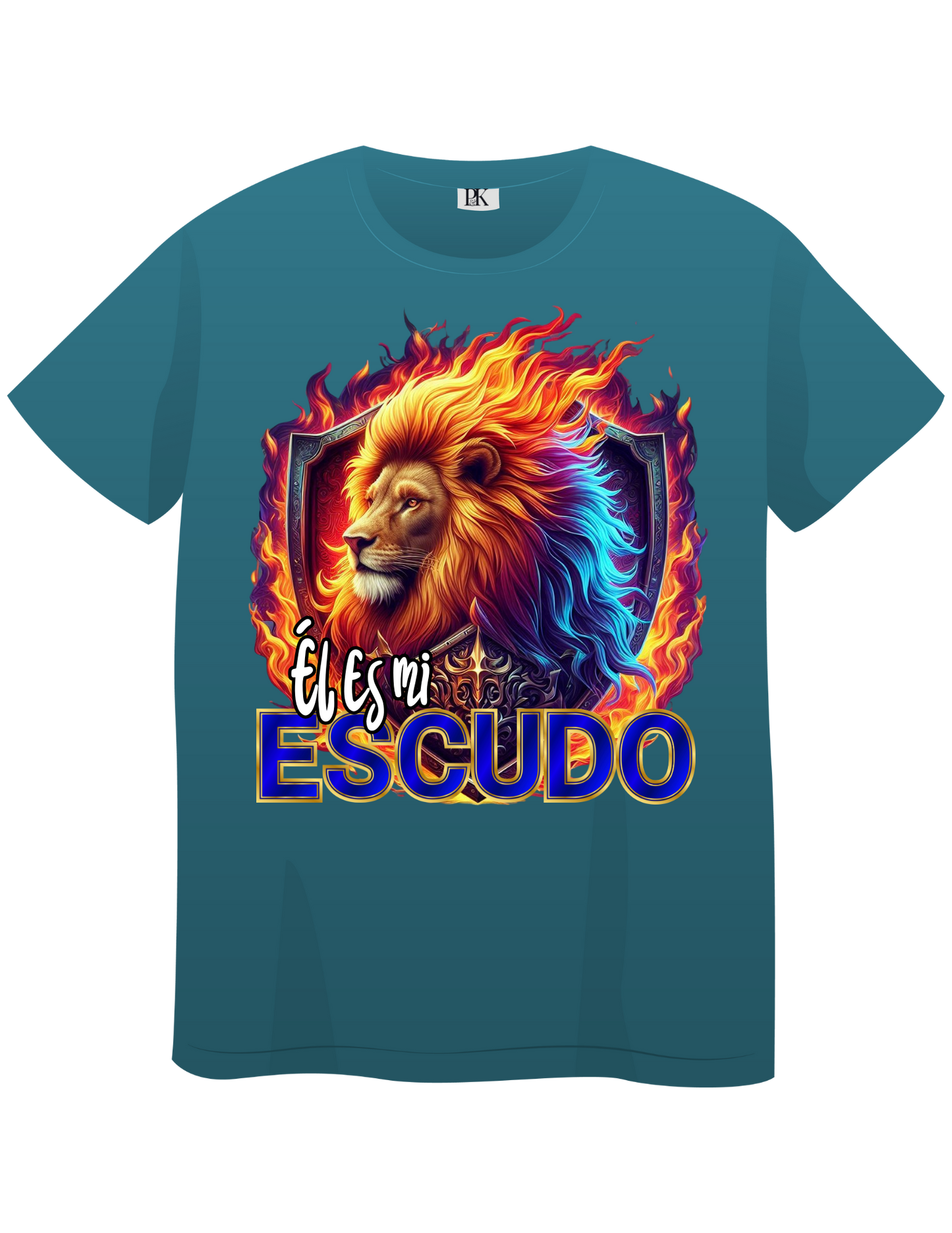 Lion with Fire and Shield – Christian T-Shirt with Spanish Text “Él es mi escudo” | Faith & Protection Design