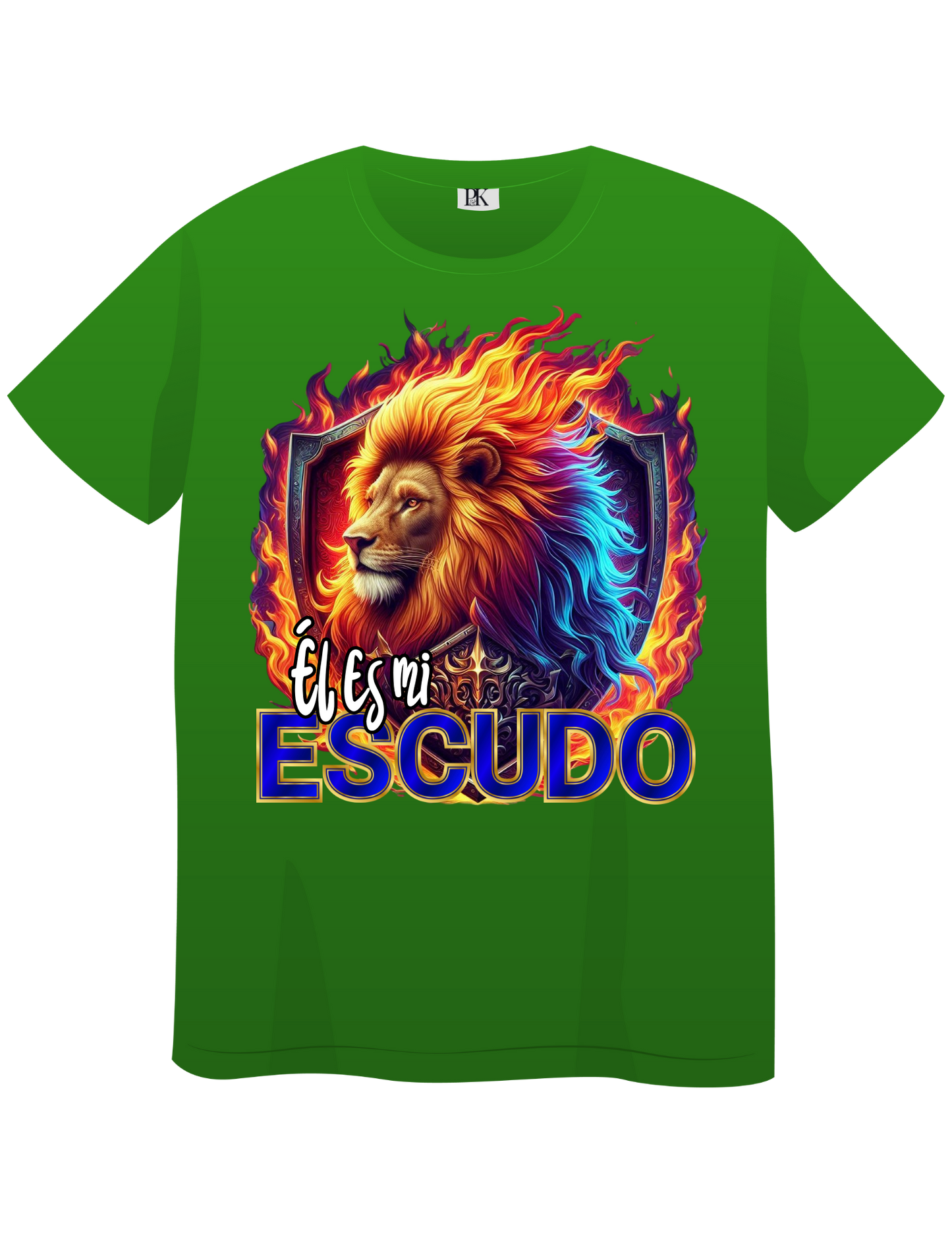Lion with Fire and Shield – Christian T-Shirt with Spanish Text “Él es mi escudo” | Faith & Protection Design