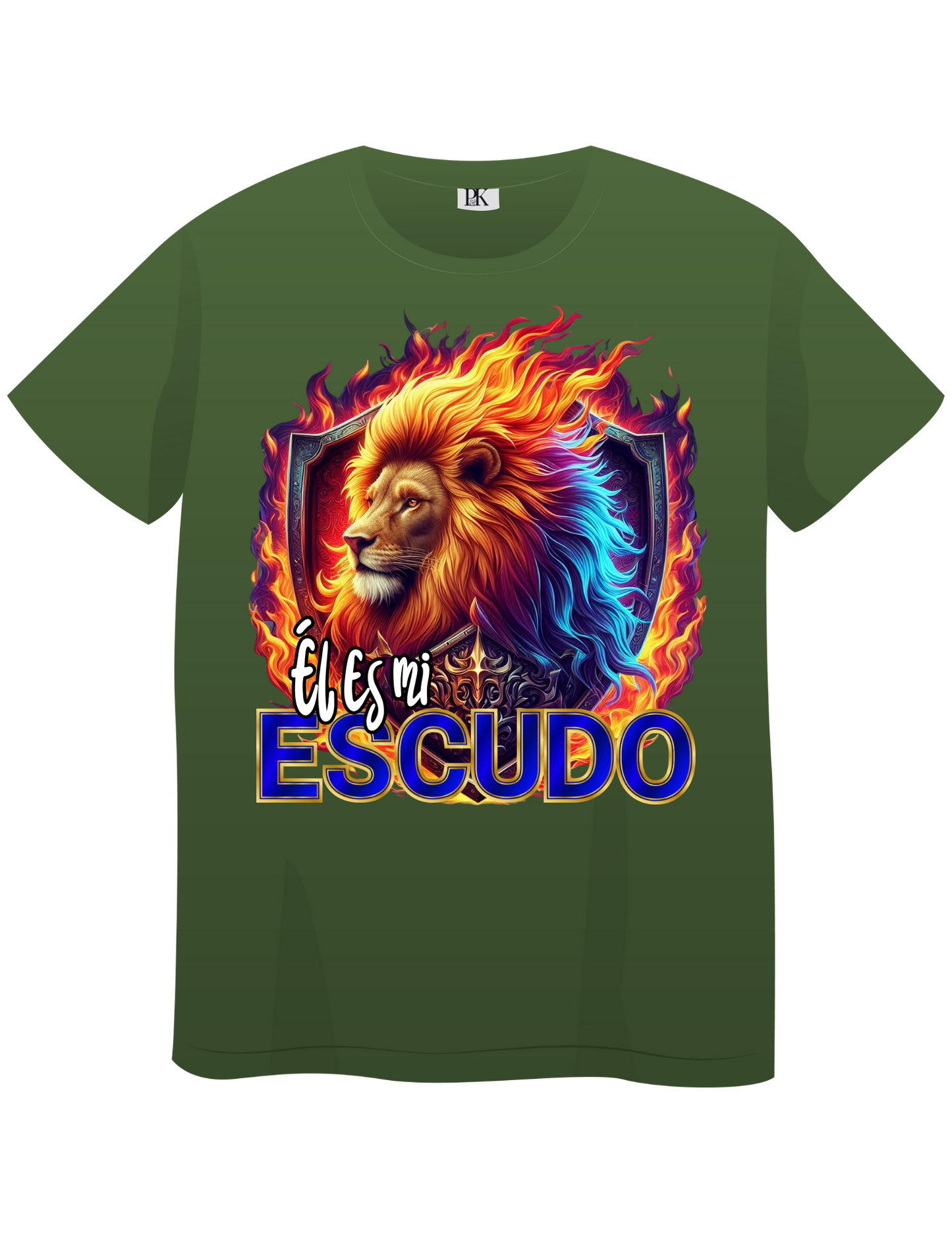 Lion with Fire and Shield – Christian T-Shirt with Spanish Text “Él es mi escudo” | Faith & Protection Design