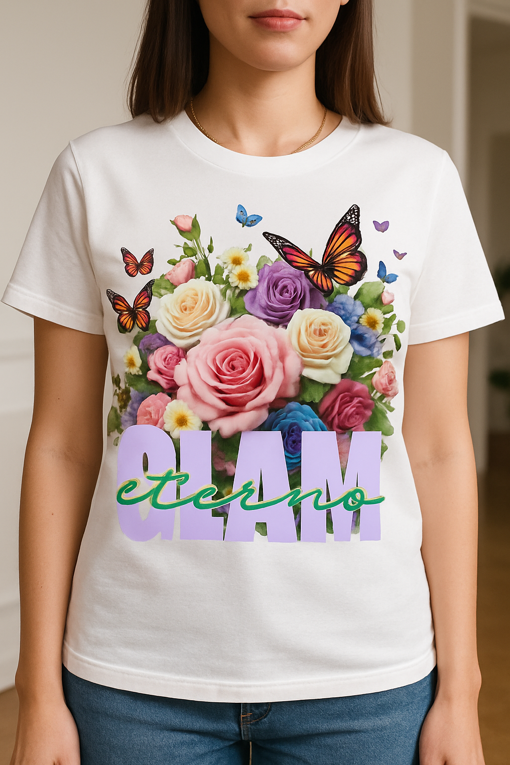 Olam Eterno T-Shirt – Christian Tee with Floral & Butterfly Design (Spanish Text)