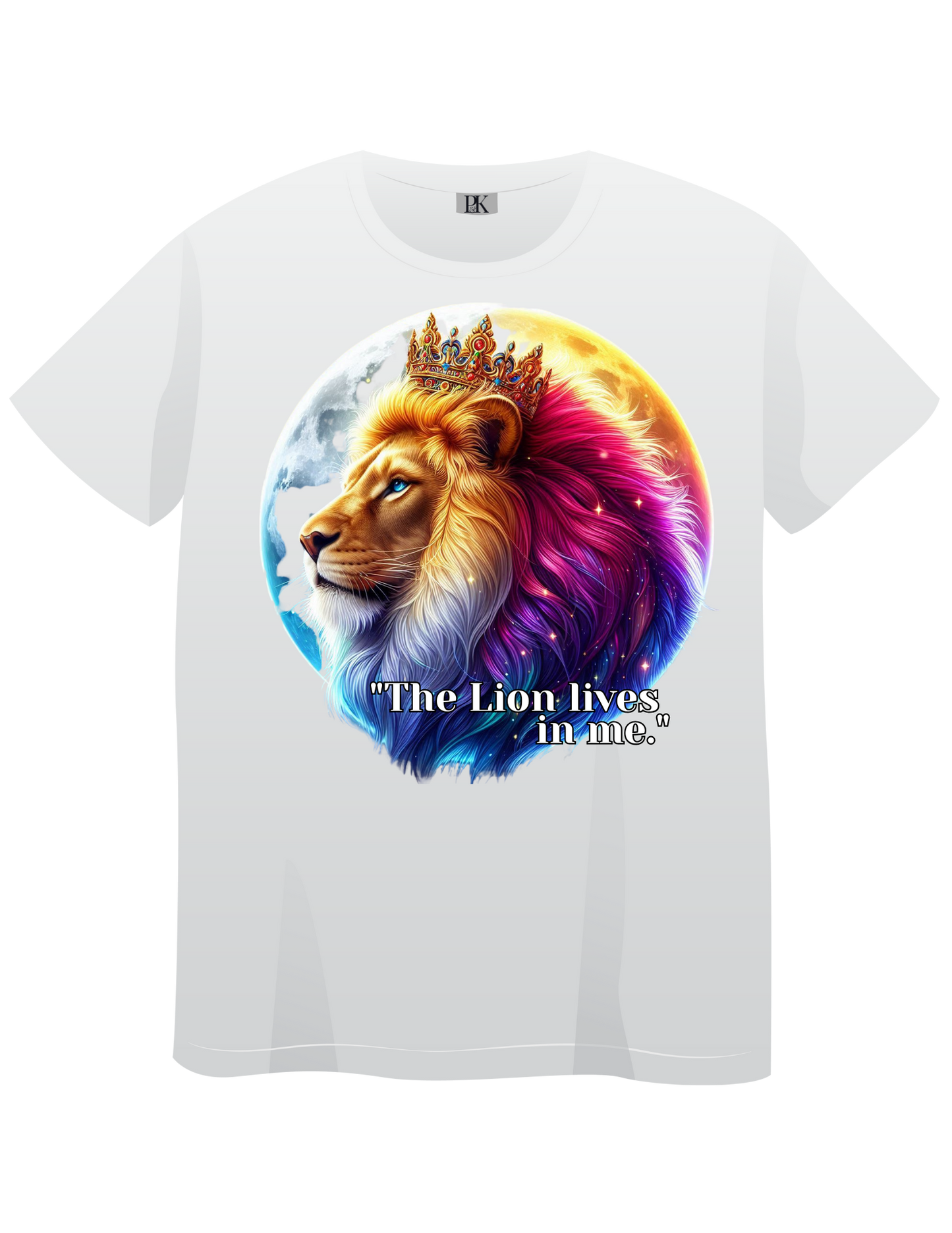 The Lion Lives in Me – Colorful Crowned Lion T-Shirt with Celestial Moon | Personalized Christian Apparel
