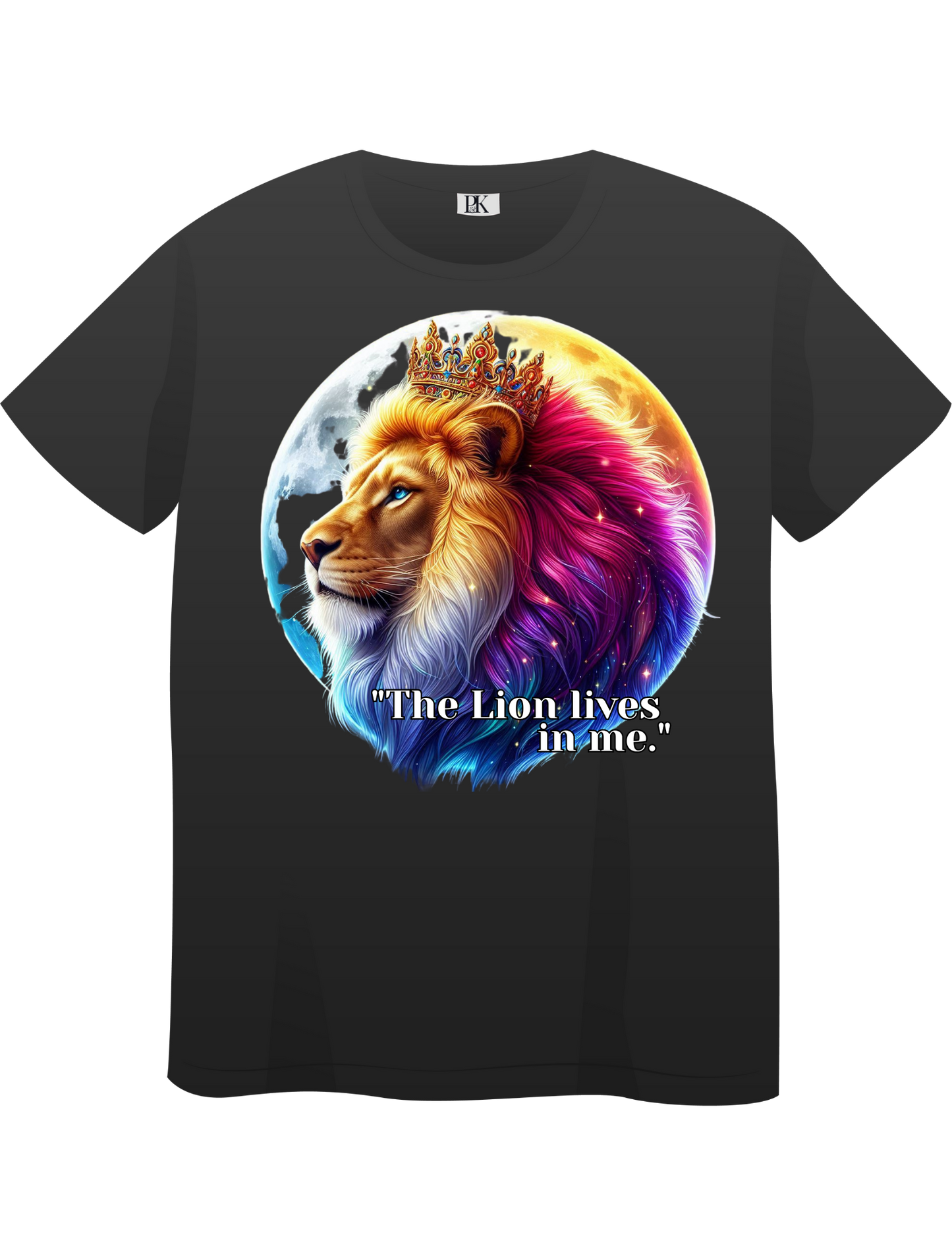 The Lion Lives in Me – Colorful Crowned Lion T-Shirt with Celestial Moon | Personalized Christian Apparel