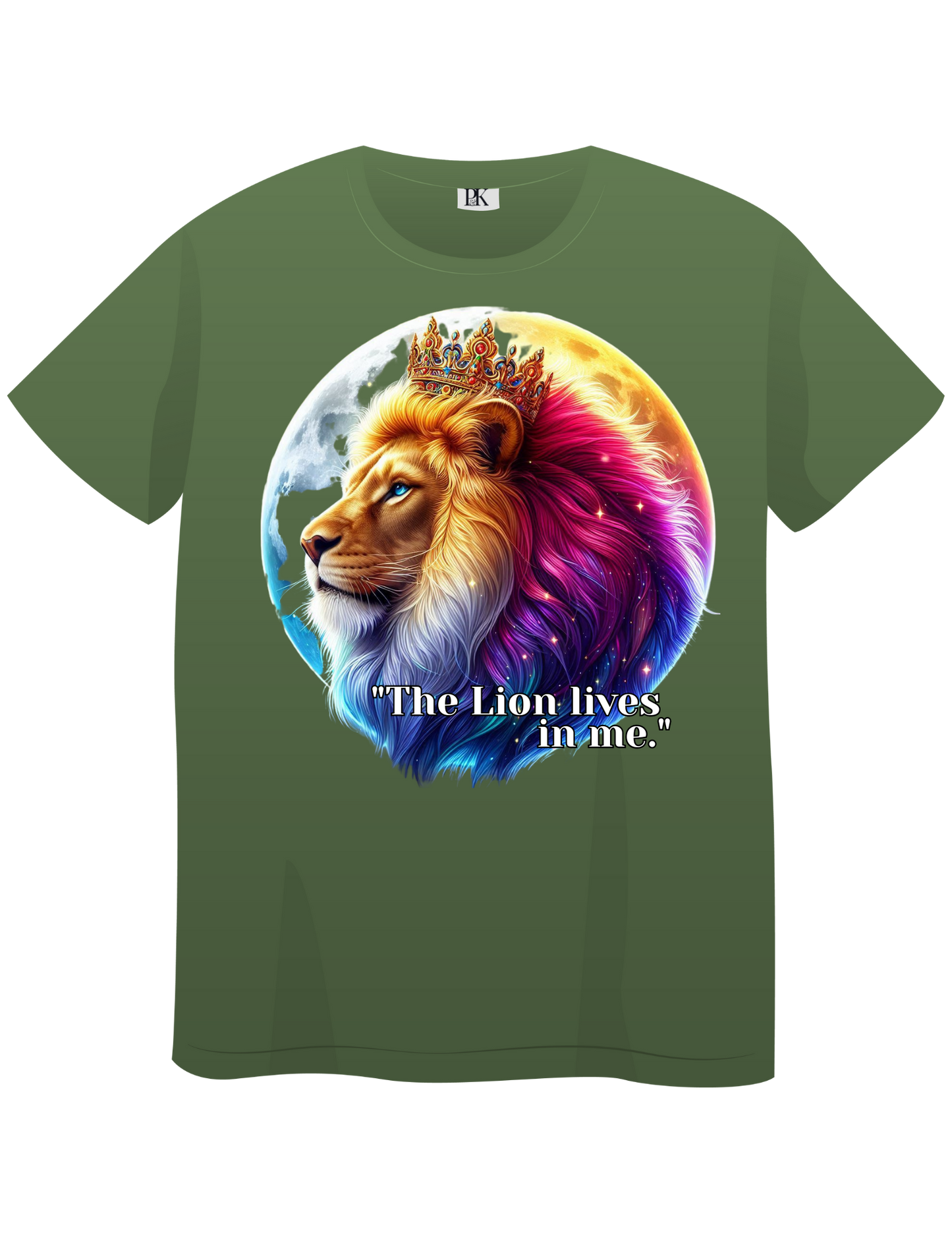 The Lion Lives in Me – Colorful Crowned Lion T-Shirt with Celestial Moon | Personalized Christian Apparel