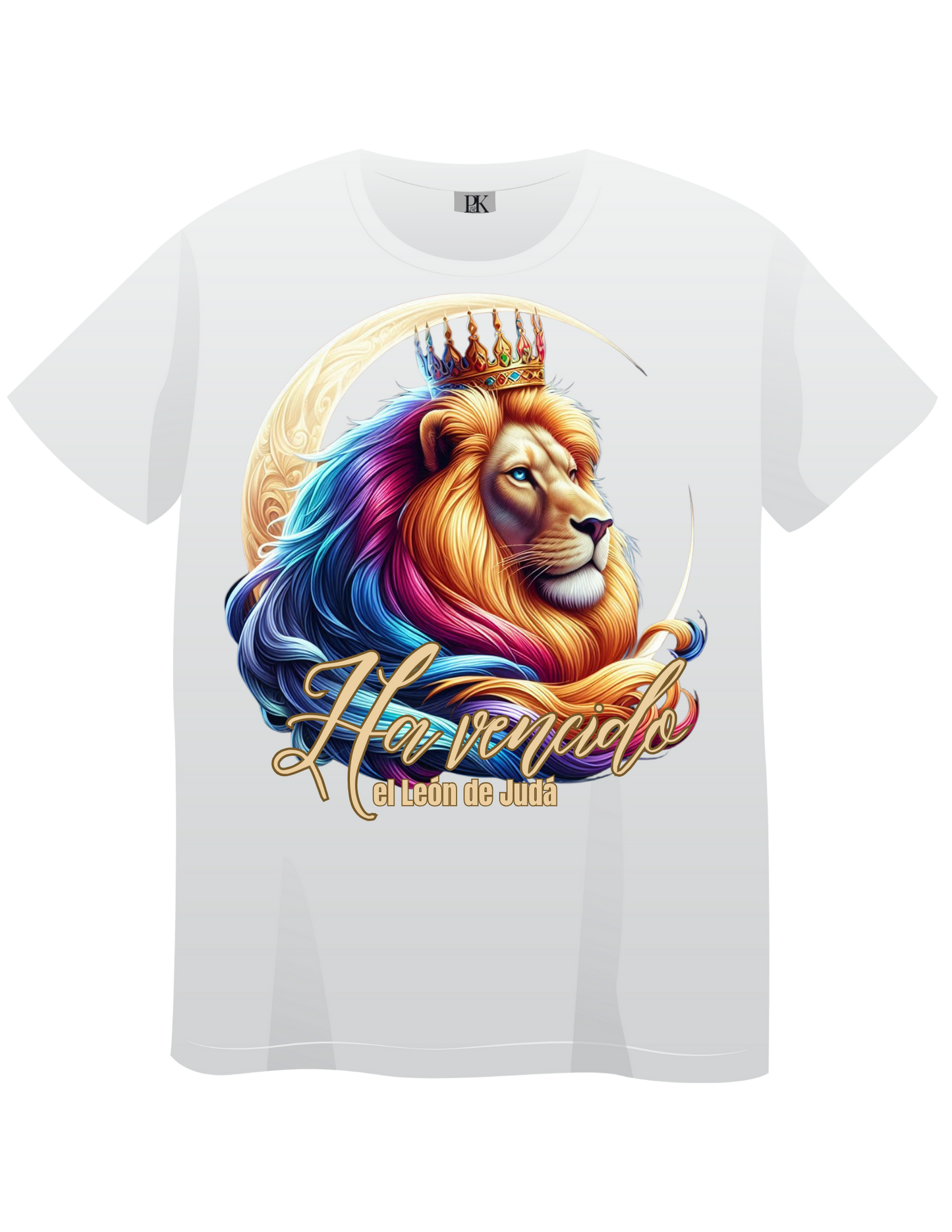 The Lion of Judah Has Triumphed – Colorful Crowned Lion with Moon | Christian T-Shirt with Verse in Spanish