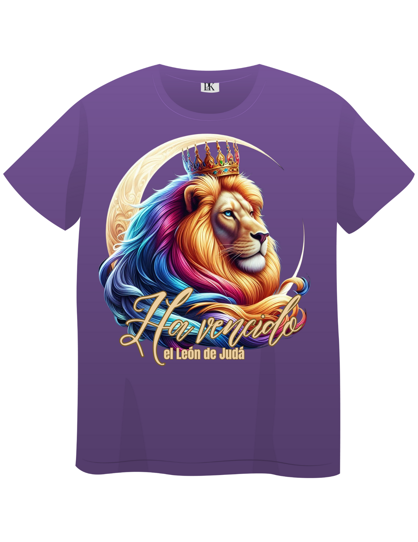 The Lion of Judah Has Triumphed – Colorful Crowned Lion with Moon | Christian T-Shirt with Verse in Spanish