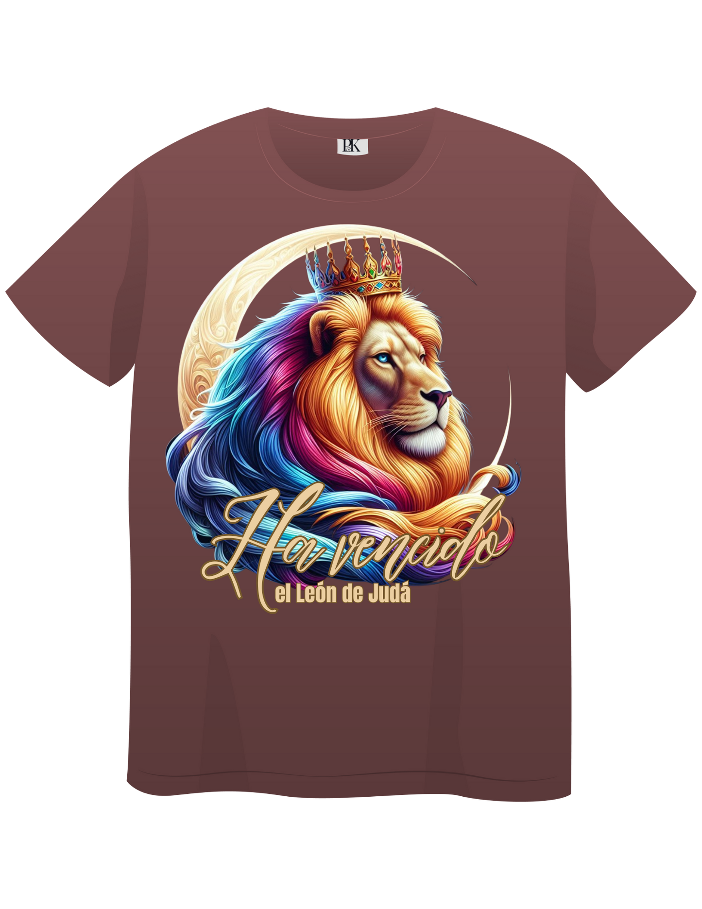 The Lion of Judah Has Triumphed – Colorful Crowned Lion with Moon | Christian T-Shirt with Verse in Spanish