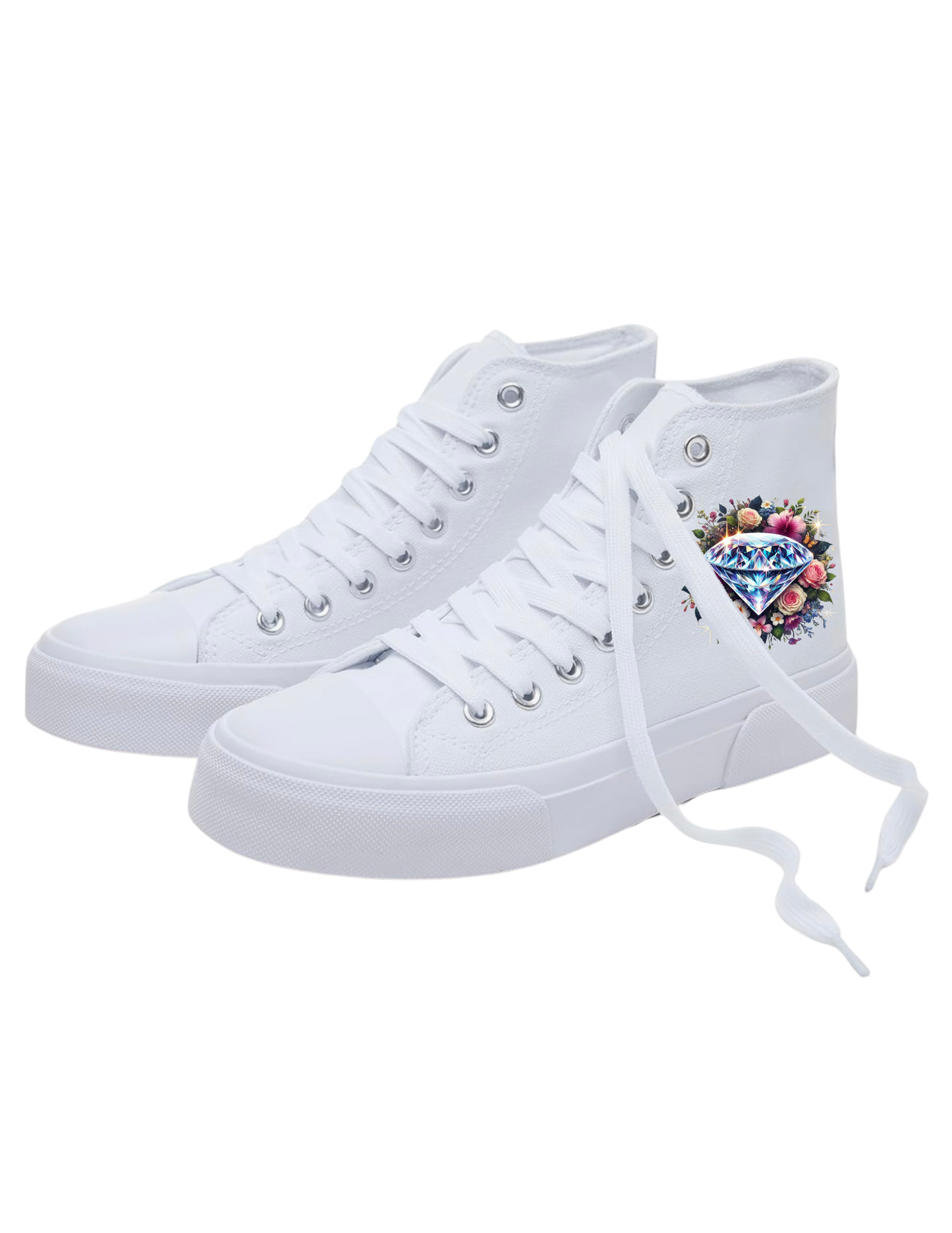 Custom High-Top Faith Sneakers – Colorful Diamond, Flowers & Butterflies, Ezequiel 3:9 in Spanish | Personalized Christian Canvas Shoes