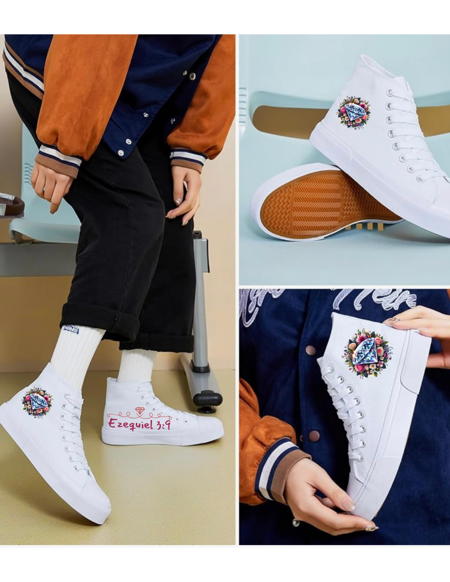 Custom High-Top Faith Sneakers – Colorful Diamond, Flowers & Butterflies, Ezequiel 3:9 in Spanish | Personalized Christian Canvas Shoes