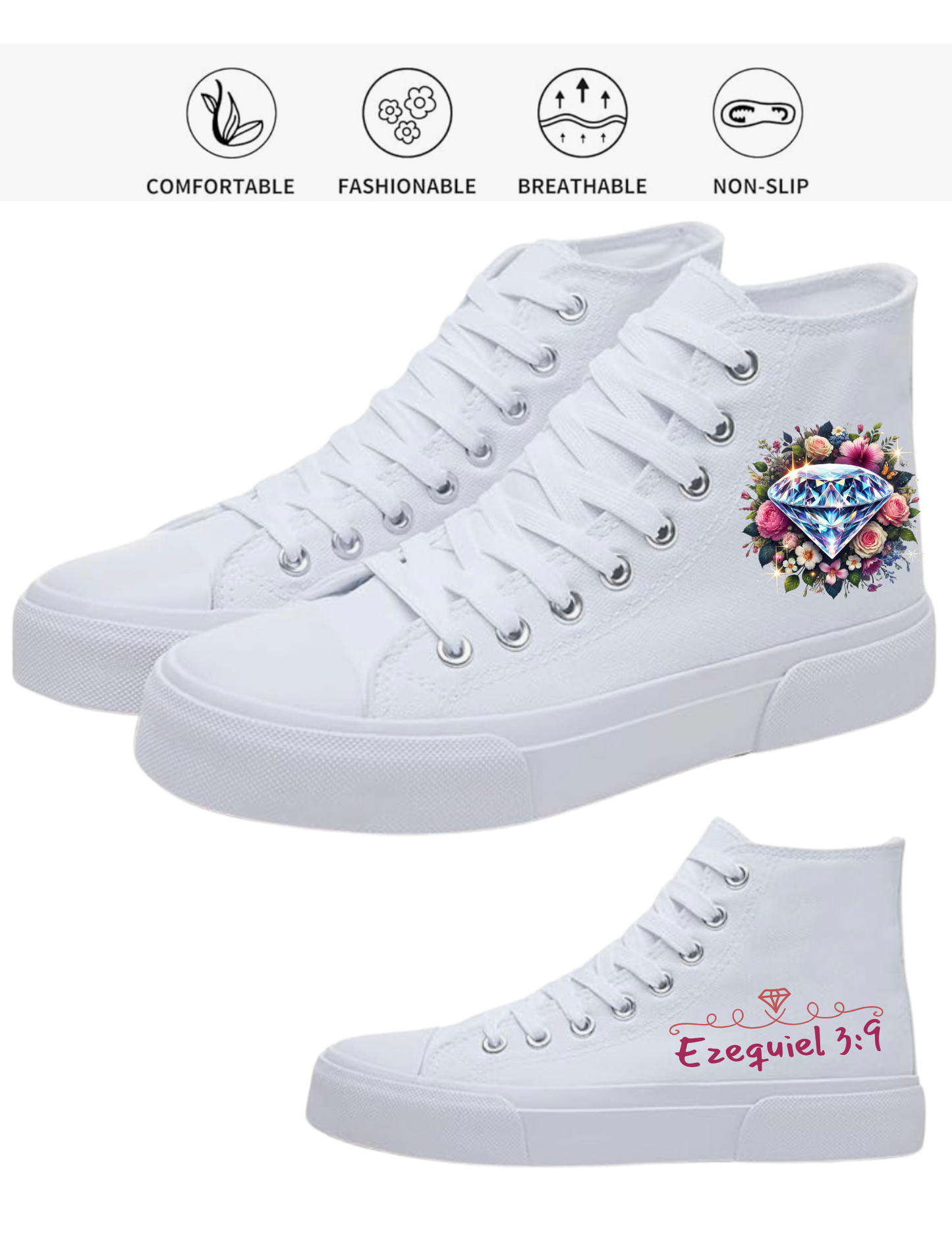 Custom High-Top Faith Sneakers – Colorful Diamond, Flowers & Butterflies, Ezequiel 3:9 in Spanish | Personalized Christian Canvas Shoes