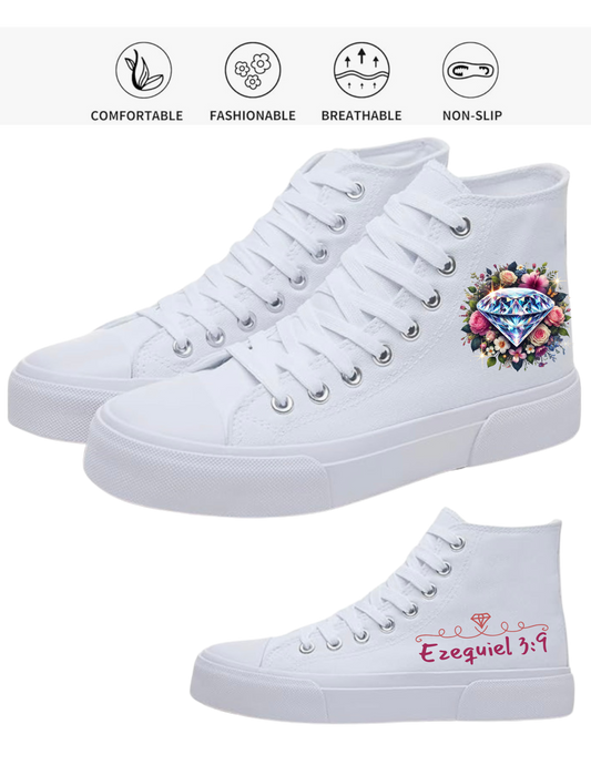 Custom High-Top Faith Sneakers – Colorful Diamond, Flowers & Butterflies, Ezequiel 3:9 in Spanish | Personalized Christian Canvas Shoes