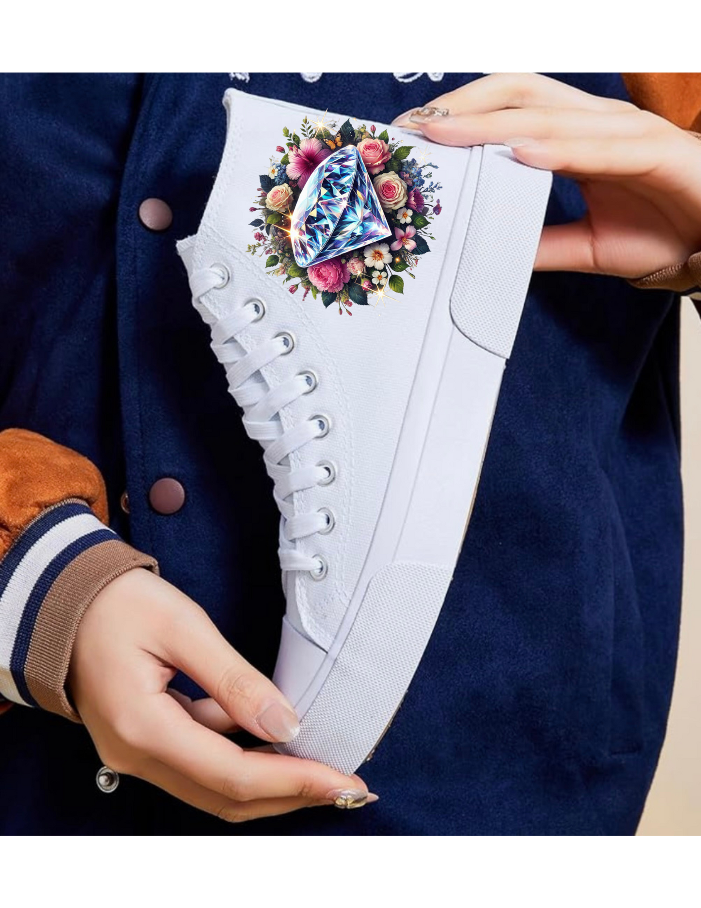 Custom High-Top Faith Sneakers – Colorful Diamond, Flowers & Butterflies, Ezequiel 3:9 in Spanish | Personalized Christian Canvas Shoes
