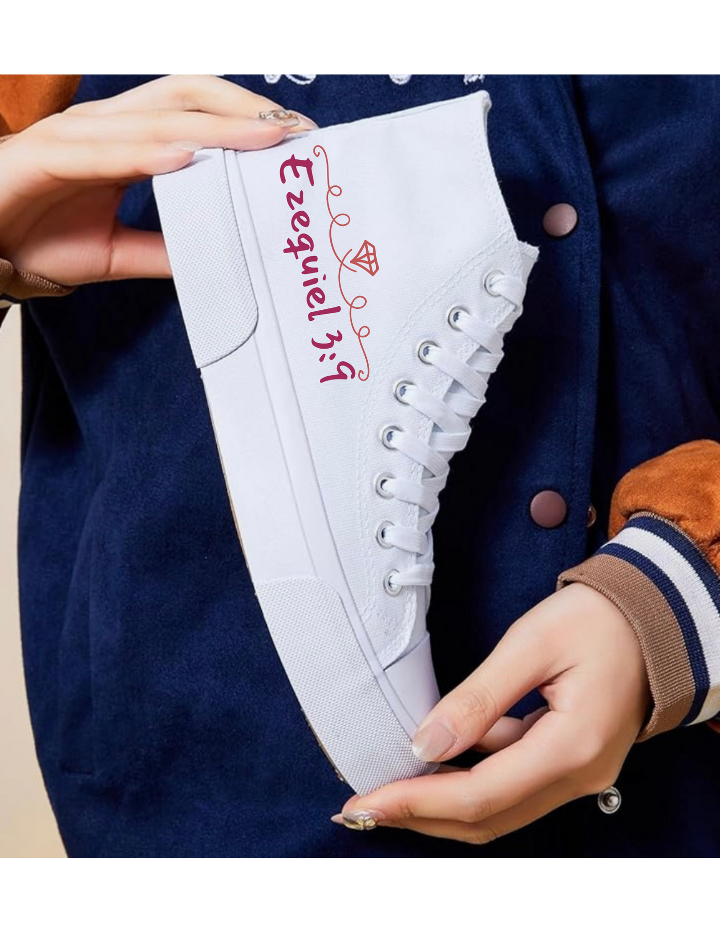 Custom High-Top Faith Sneakers – Colorful Diamond, Flowers & Butterflies, Ezequiel 3:9 in Spanish | Personalized Christian Canvas Shoes