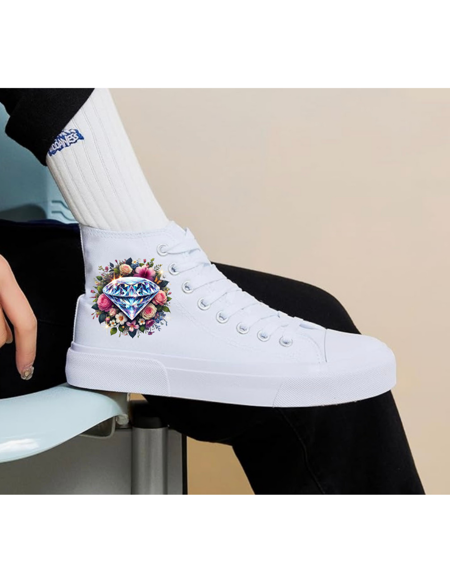 Custom High-Top Faith Sneakers – Colorful Diamond, Flowers & Butterflies, Ezequiel 3:9 in Spanish | Personalized Christian Canvas Shoes