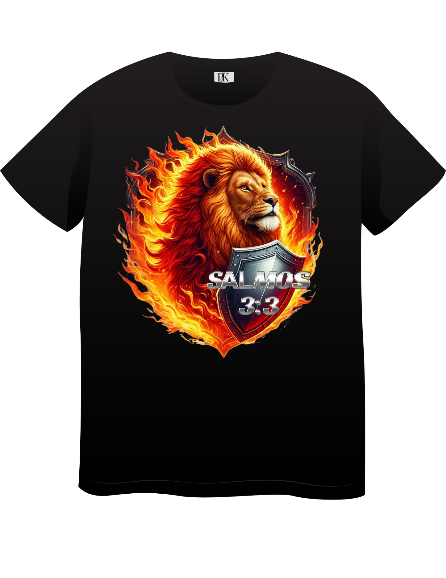 Fiery Lion with Shield – Christian T-Shirt Featuring Psalm 3:3 in Spanish | Bold Faith Apparel