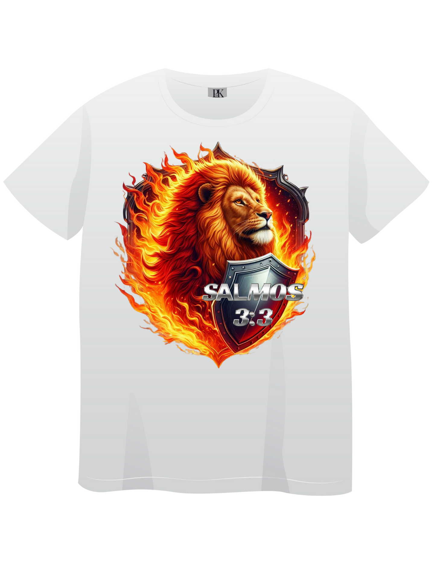 Fiery Lion with Shield – Christian T-Shirt Featuring Psalm 3:3 in Spanish | Bold Faith Apparel