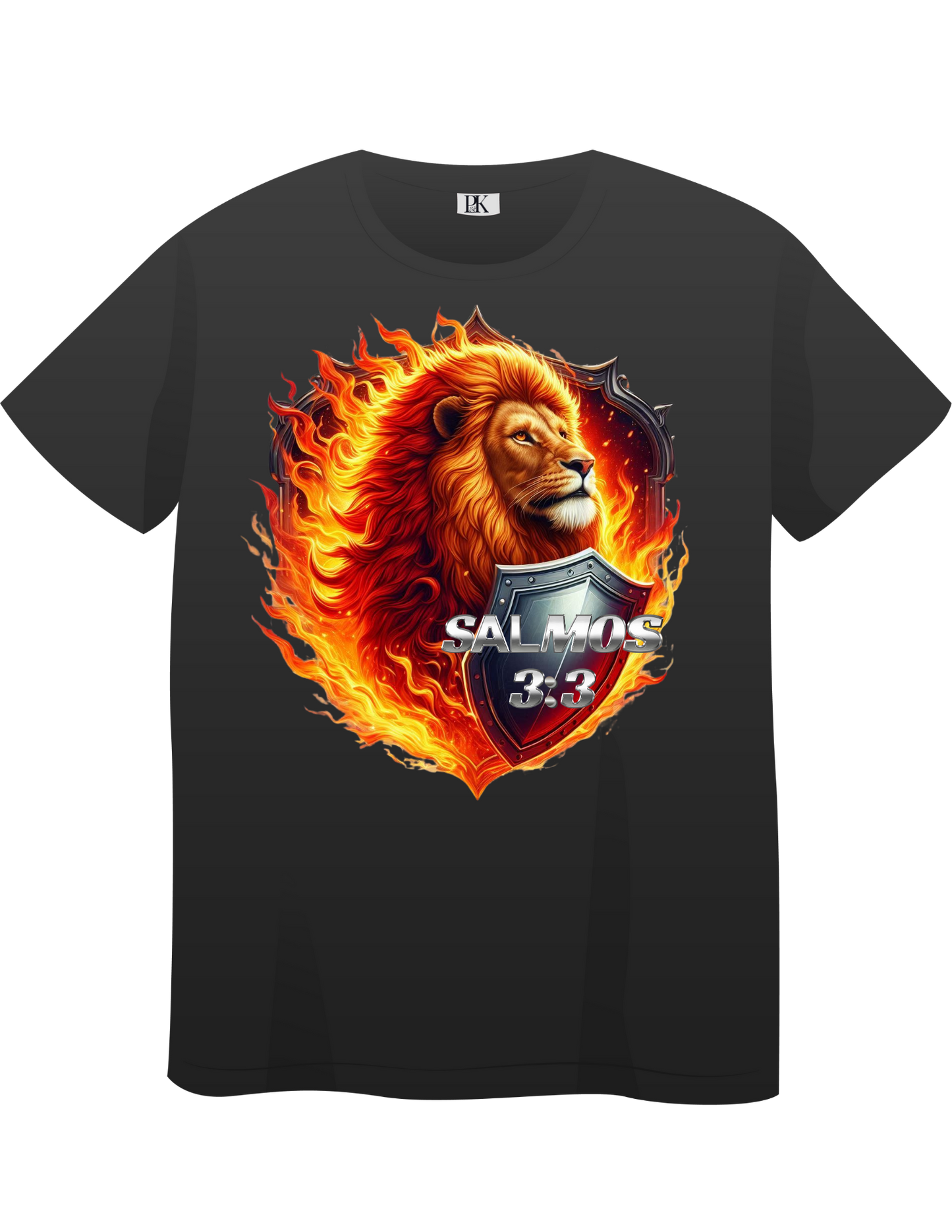 Fiery Lion with Shield – Christian T-Shirt Featuring Psalm 3:3 in Spanish | Bold Faith Apparel