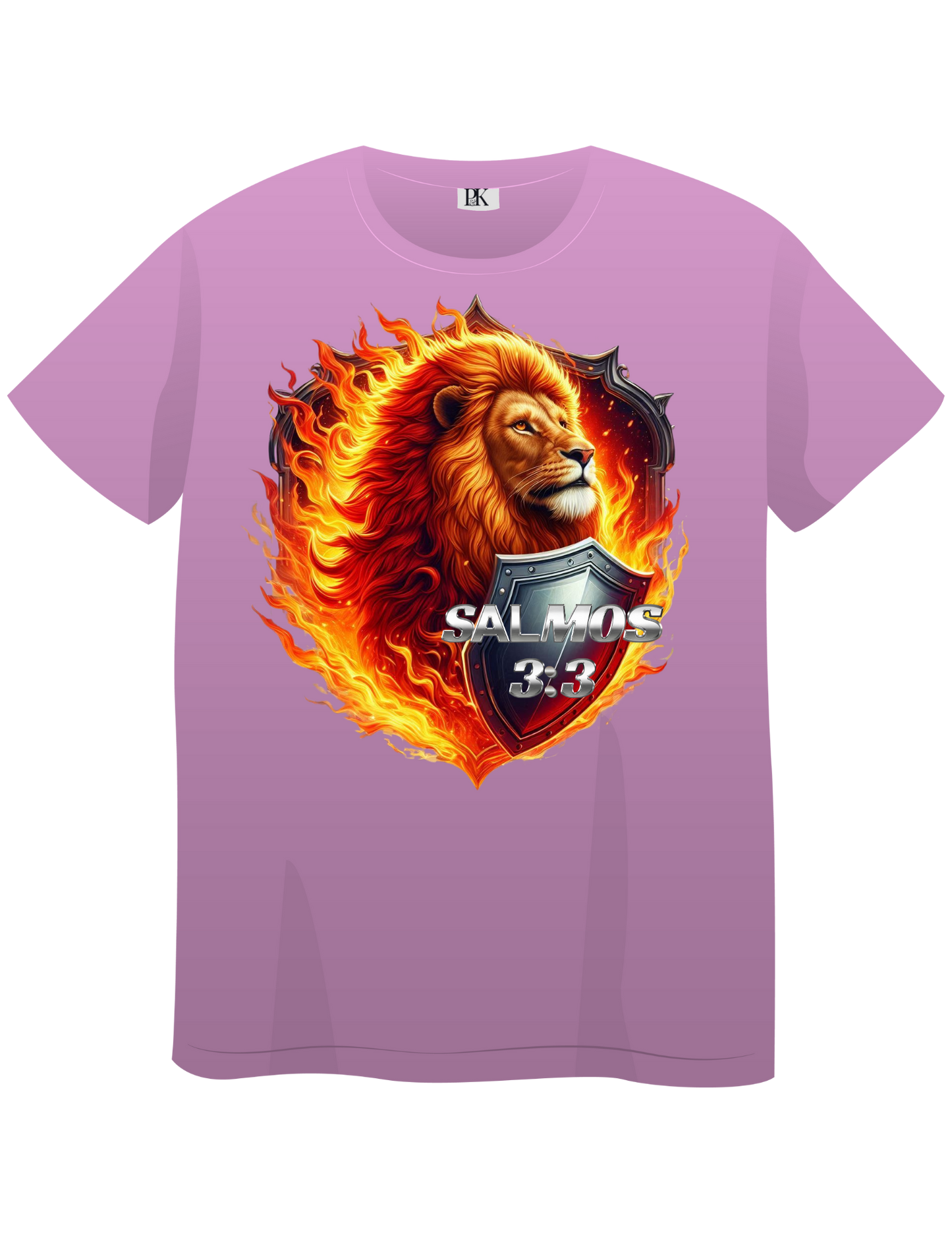 Fiery Lion with Shield – Christian T-Shirt Featuring Psalm 3:3 in Spanish | Bold Faith Apparel