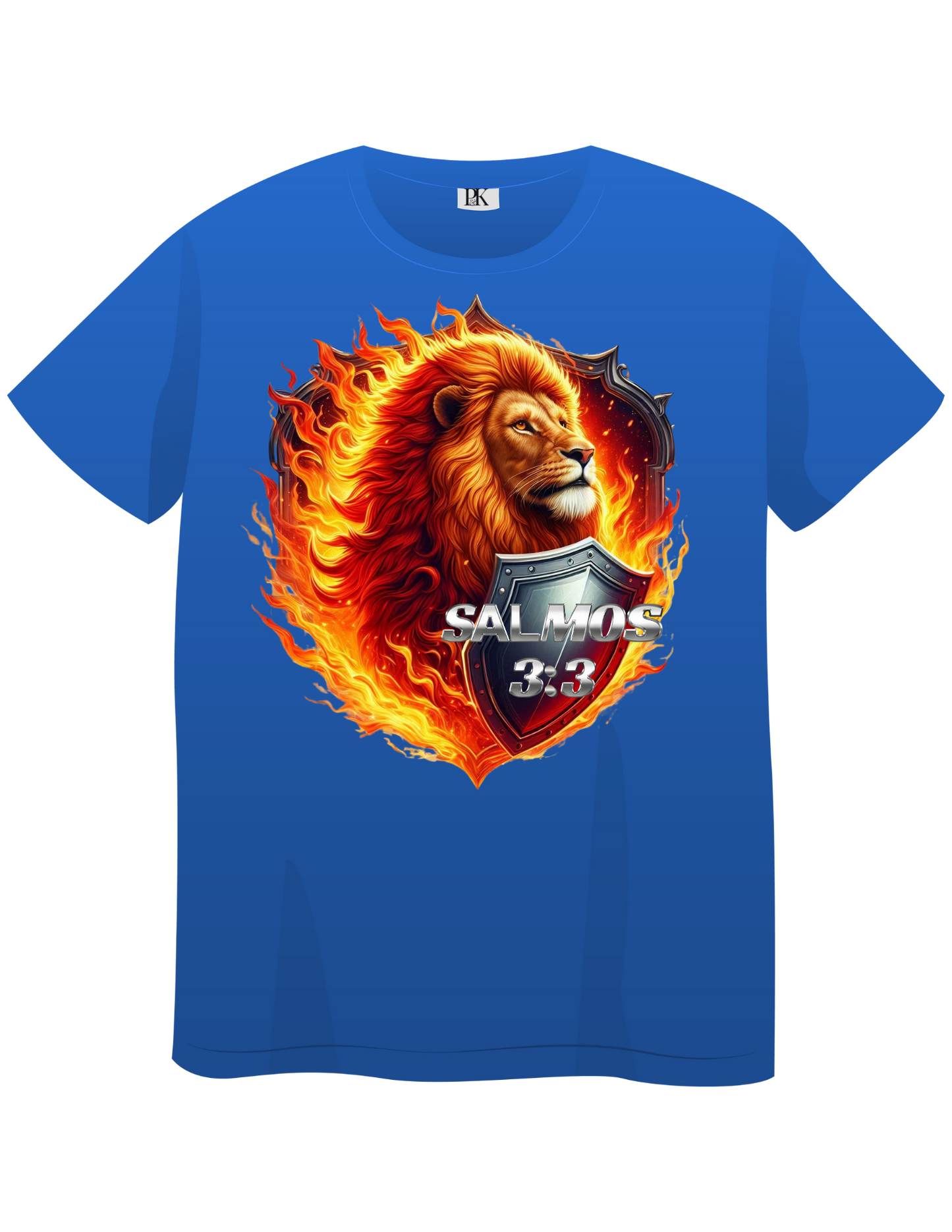 Fiery Lion with Shield – Christian T-Shirt Featuring Psalm 3:3 in Spanish | Bold Faith Apparel