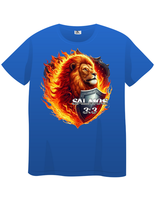 Fiery Lion with Shield – Christian T-Shirt Featuring Psalm 3:3 in Spanish | Bold Faith Apparel