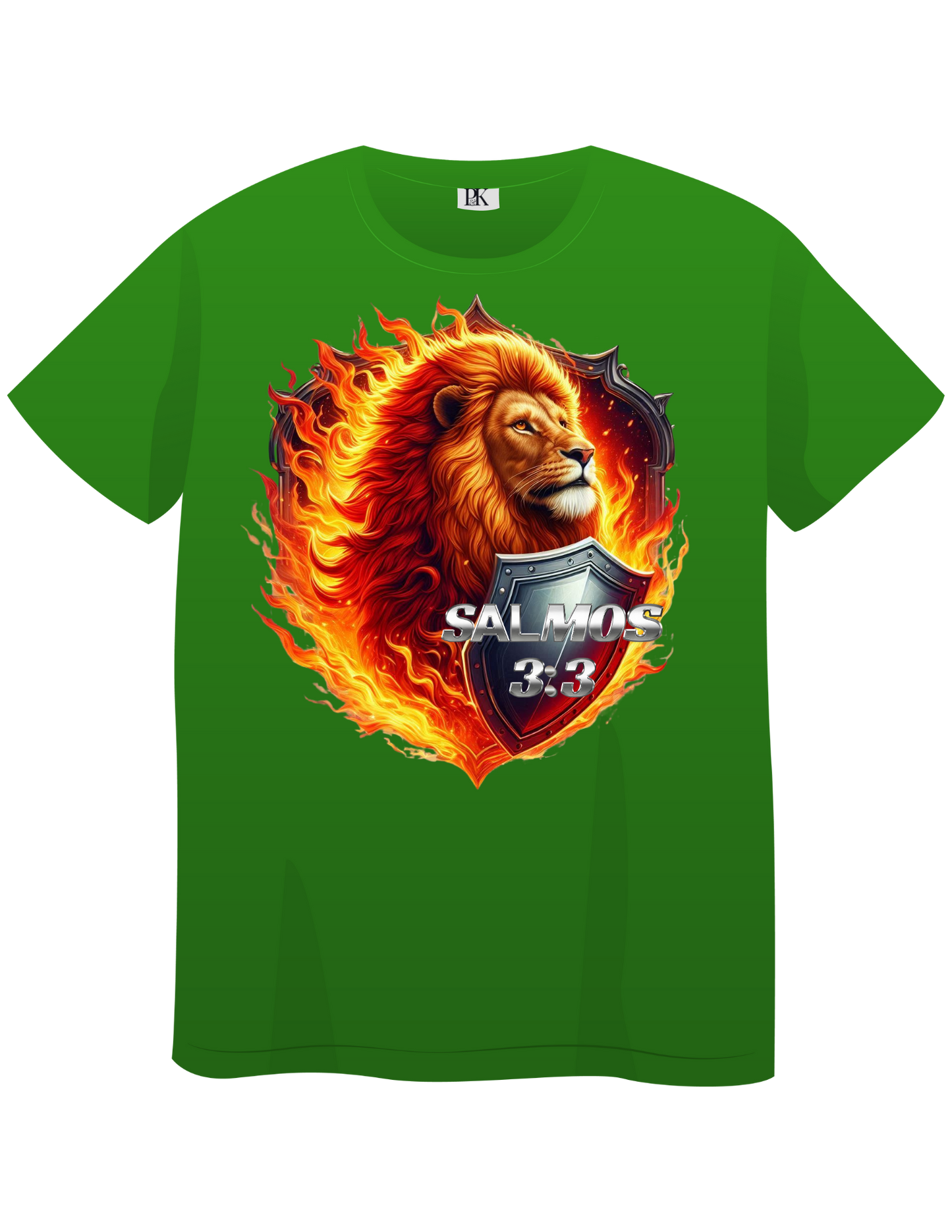 Fiery Lion with Shield – Christian T-Shirt Featuring Psalm 3:3 in Spanish | Bold Faith Apparel