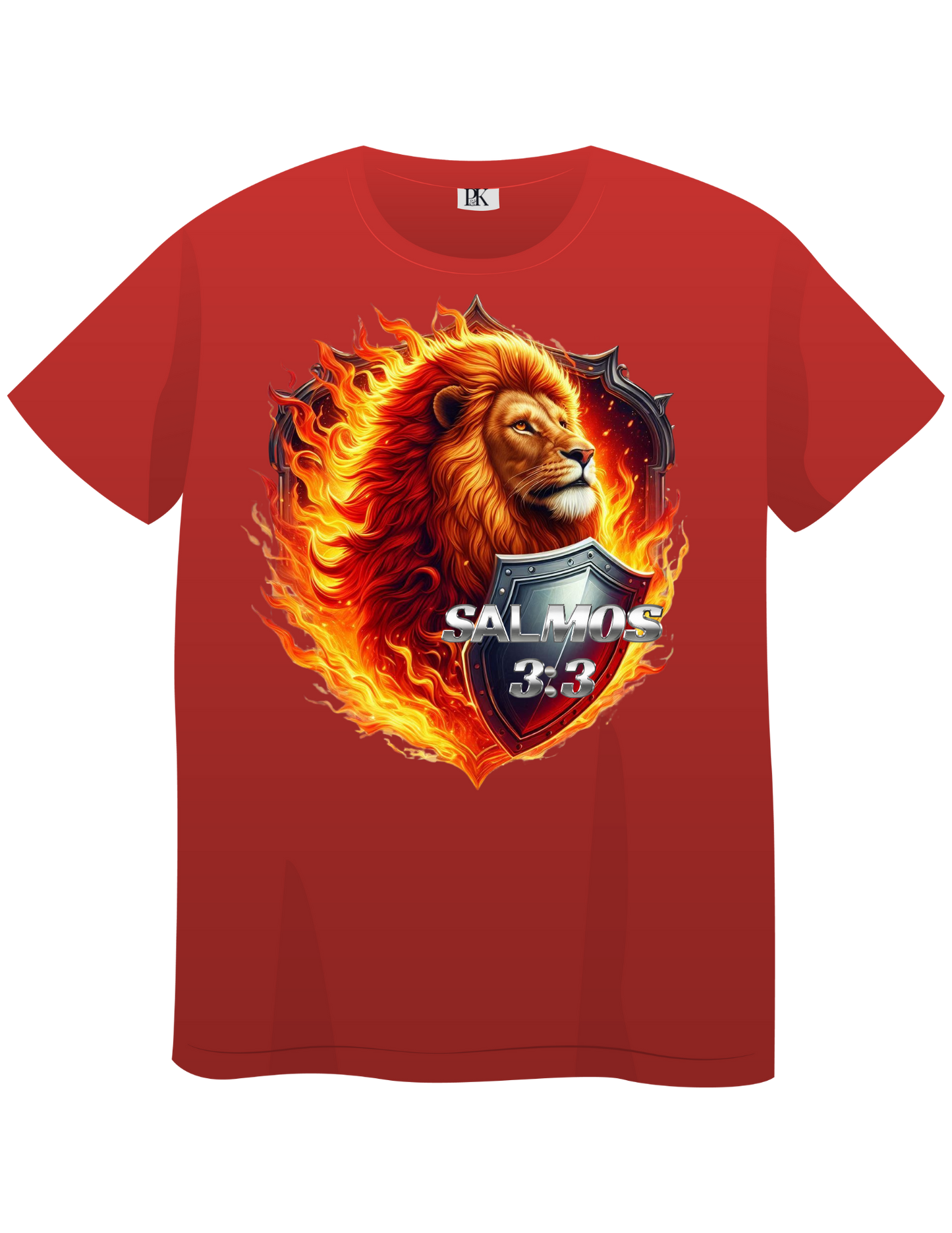 Fiery Lion with Shield – Christian T-Shirt Featuring Psalm 3:3 in Spanish | Bold Faith Apparel