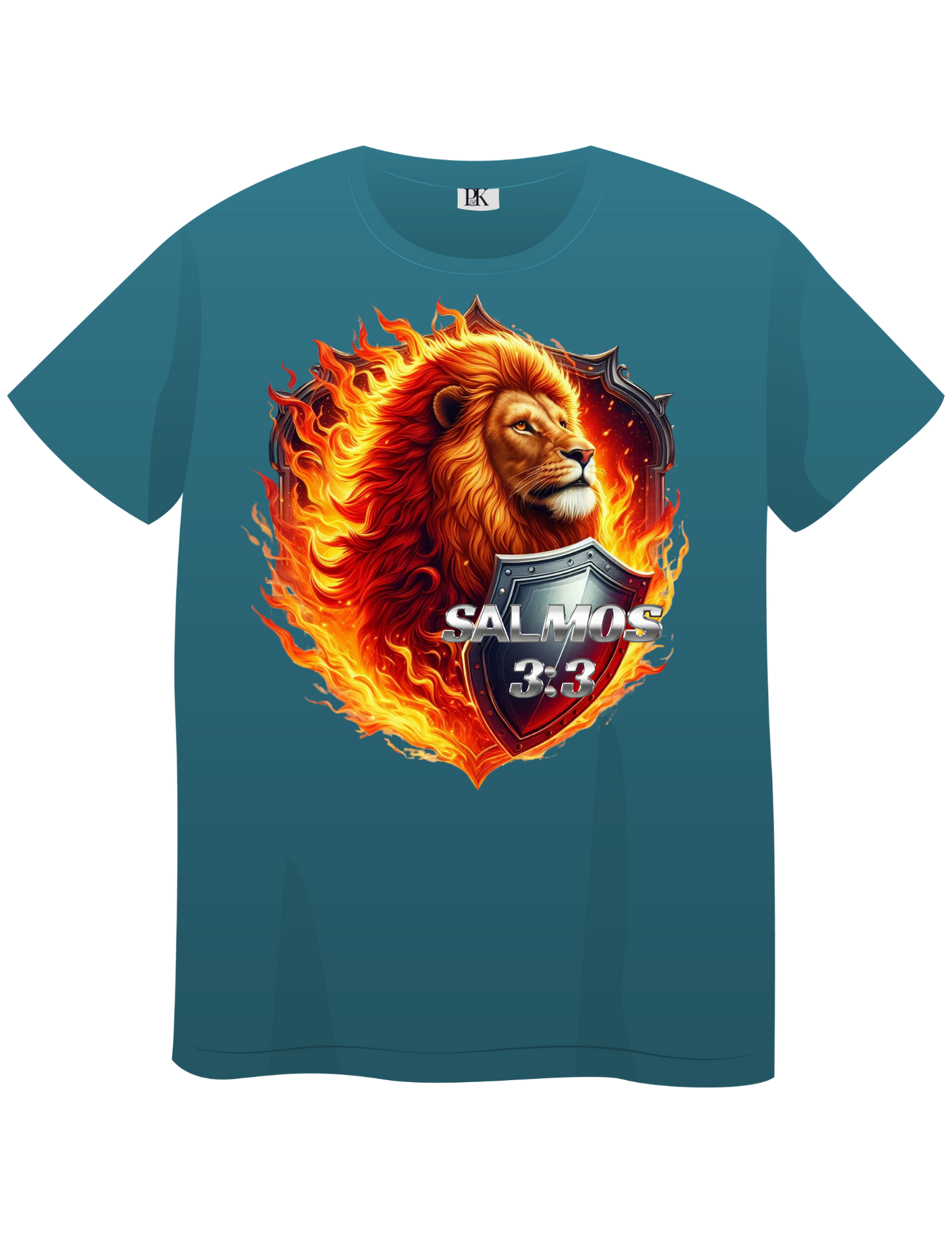 Fiery Lion with Shield – Christian T-Shirt Featuring Psalm 3:3 in Spanish | Bold Faith Apparel