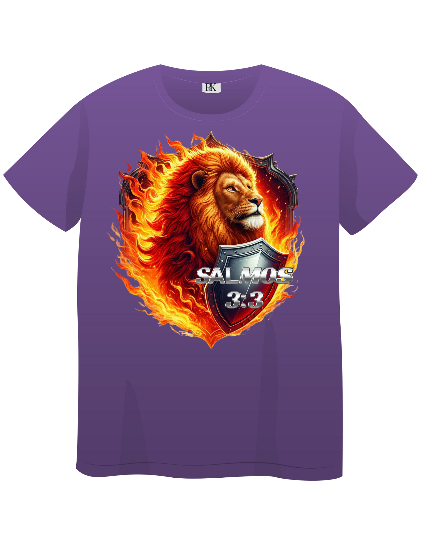 Fiery Lion with Shield – Christian T-Shirt Featuring Psalm 3:3 in Spanish | Bold Faith Apparel